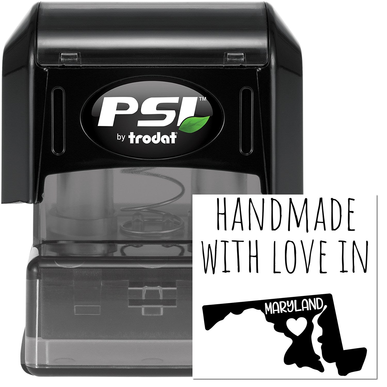 PSI Pre-Inked Handmade with Love in Maryland stamp, featuring a black casing and Maryland state outline with heart design.