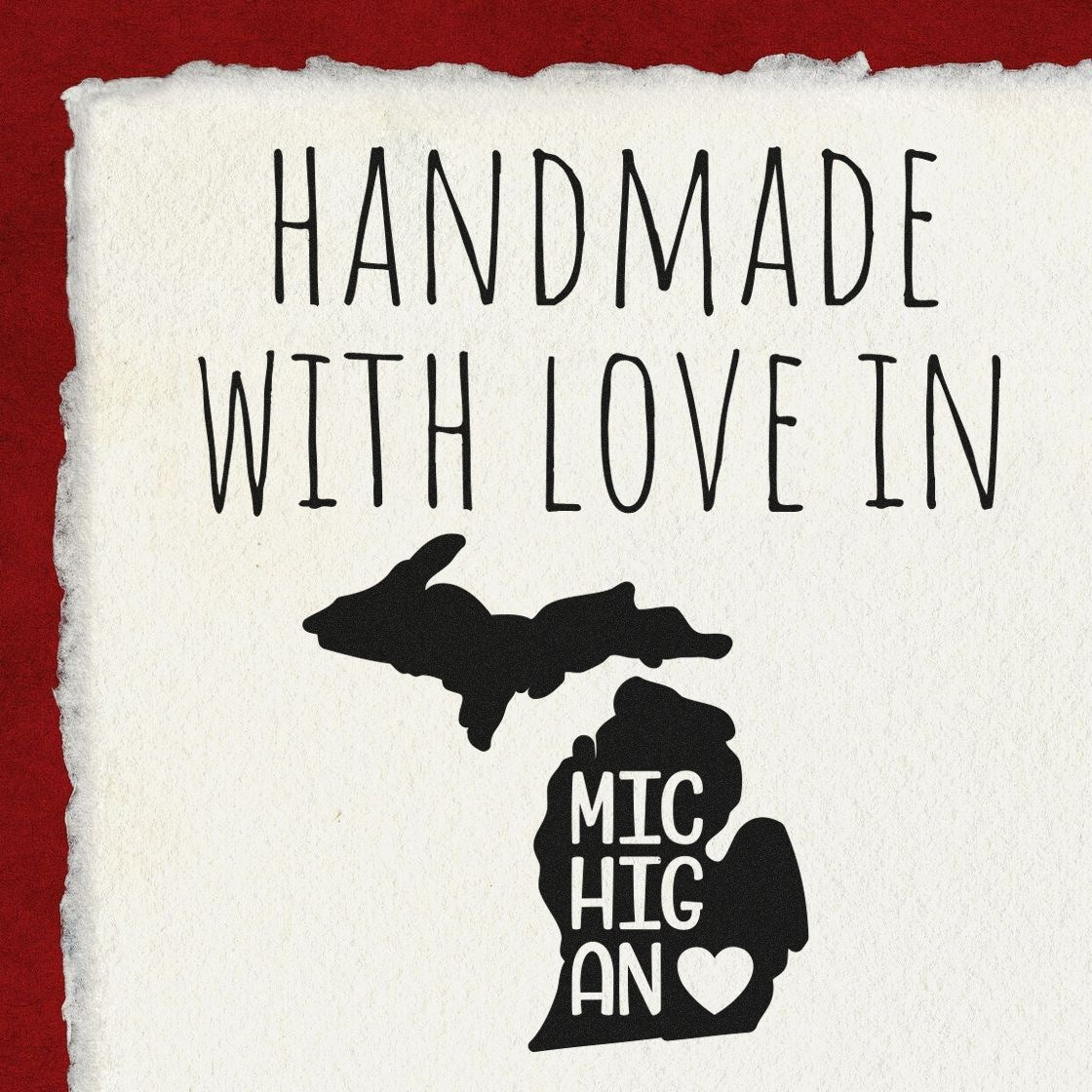 Handmade with Love in Michigan Slim Pre-Inked Stamp featuring a silhouette of Michigan with a heart, displayed on textured paper with a red border.