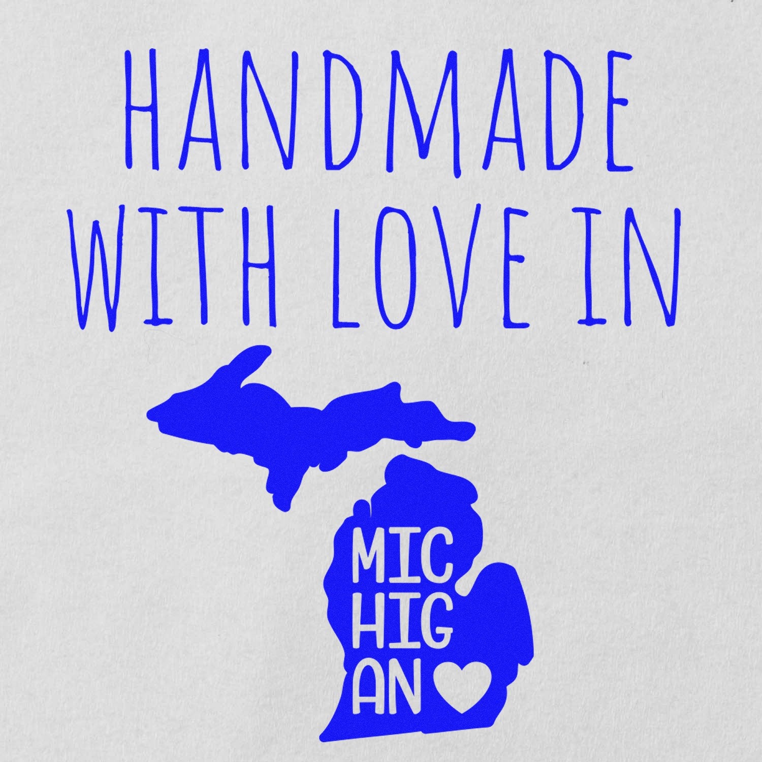 Self-Inking Michigan Handmade with Love Stamp featuring a blue outline of Michigan and the text Handmade with Love in Michigan on a white background. Perfect for crafts and gifts.