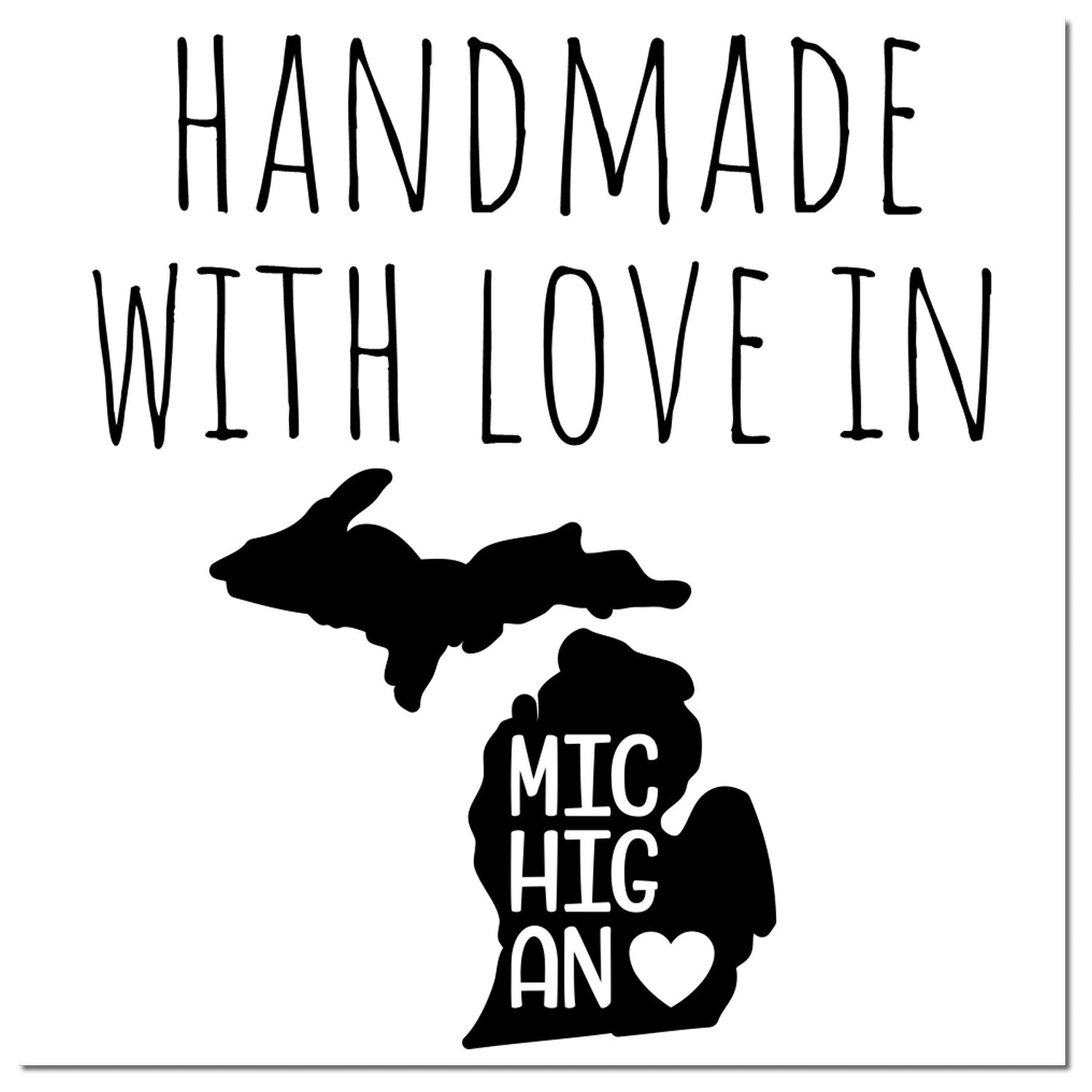 Self-Inking Michigan Handmade with Love Stamp featuring a black silhouette of Michigan with Handmade with Love in Michigan text and heart design. Perfect for crafts and gifts.