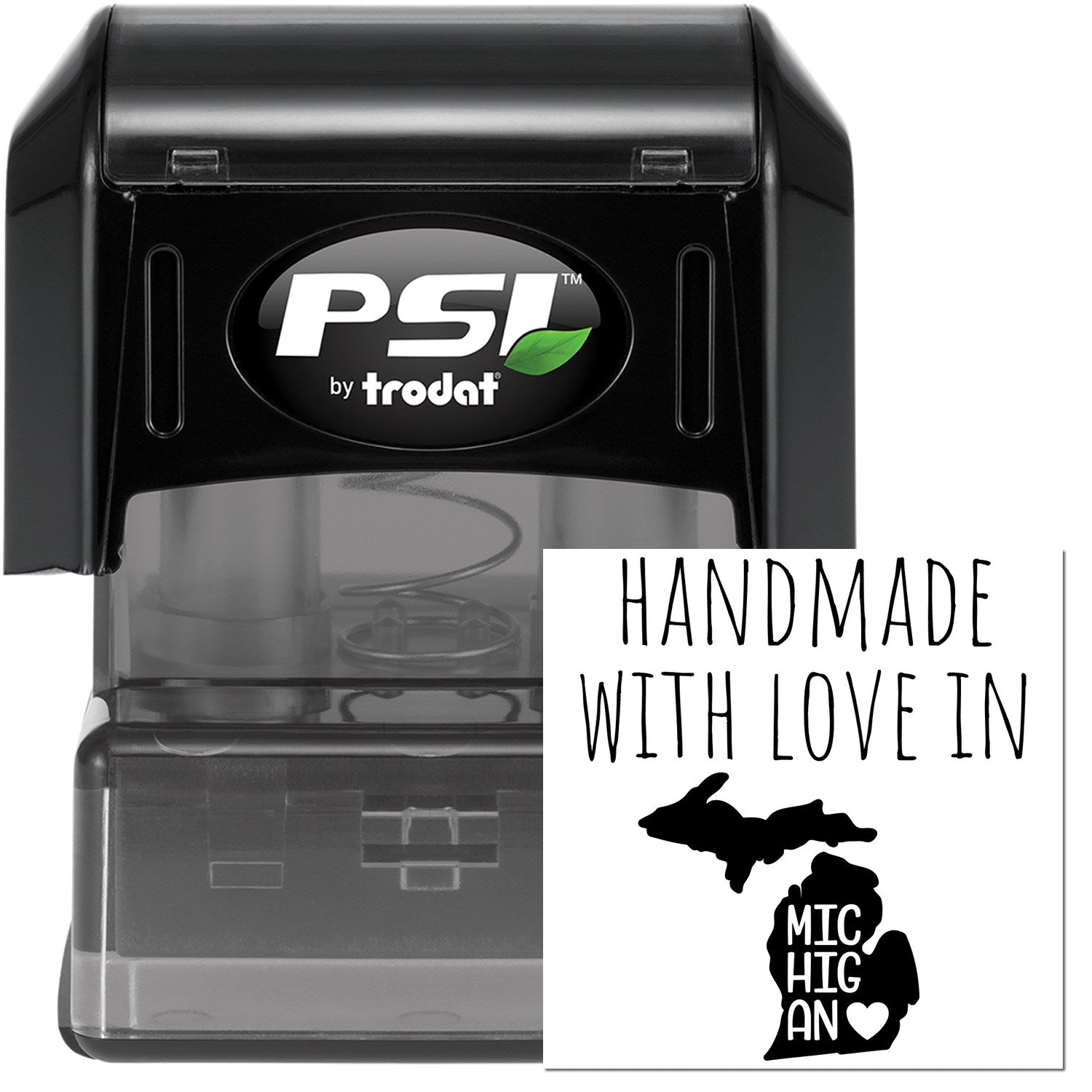 PSI Pre-Inked Handmade with Love in Michigan stamp, featuring a black casing and a design of Michigan's map with a heart, perfect for personalized crafting and gifts.