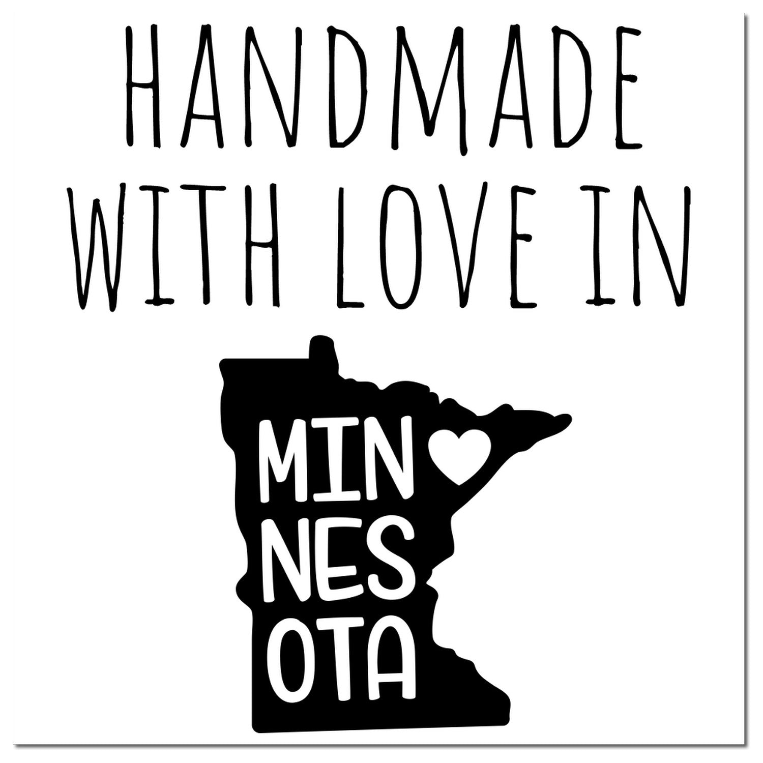 Self-Inking Minnesota Handmade with Love Stamp featuring a black imprint of Minnesota's shape with a heart, perfect for crafts and gifts.