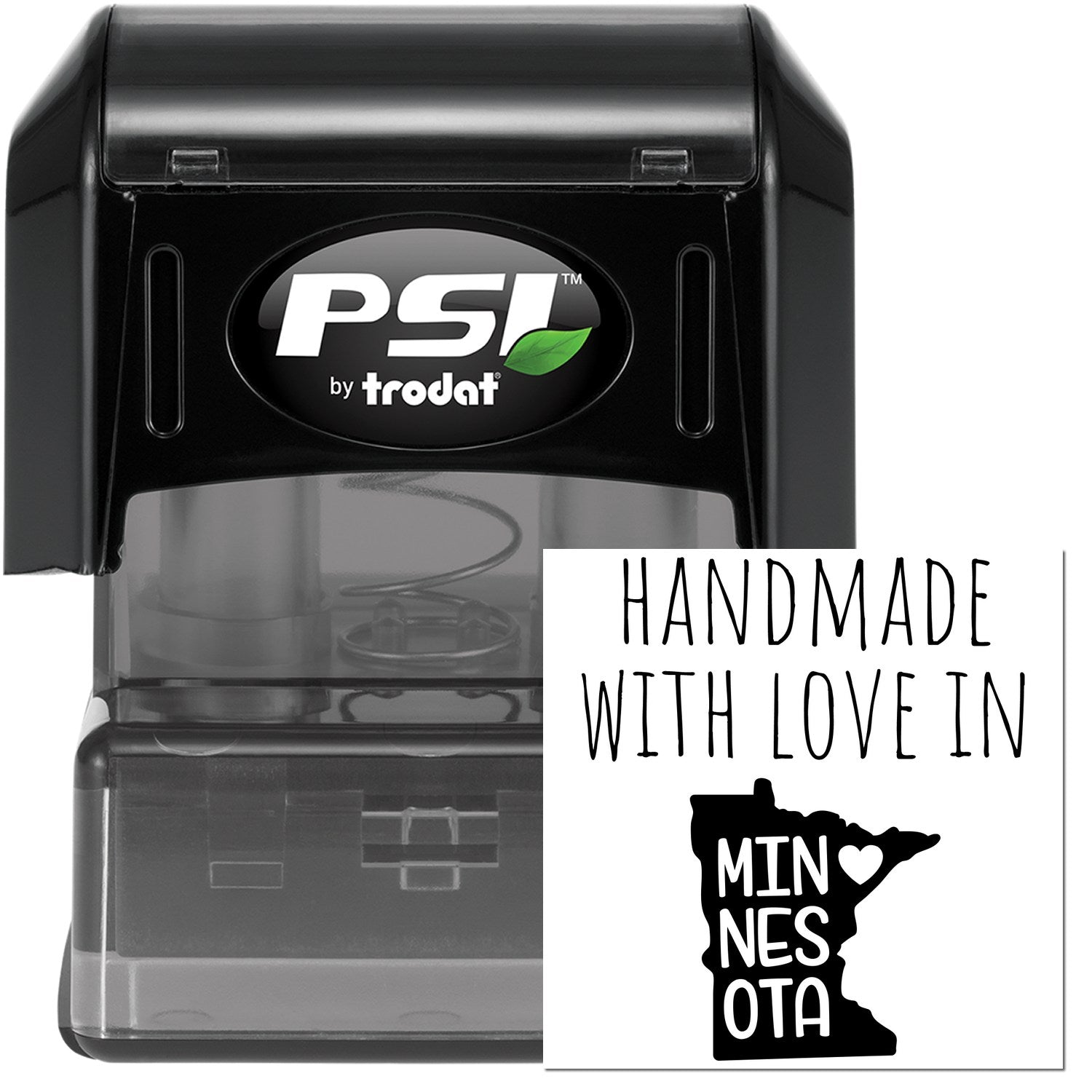 PSI Pre-Inked Handmade with Love in Minnesota stamp, featuring a black casing and a design with the state outline and heart. Perfect for personalized crafting and gifts.