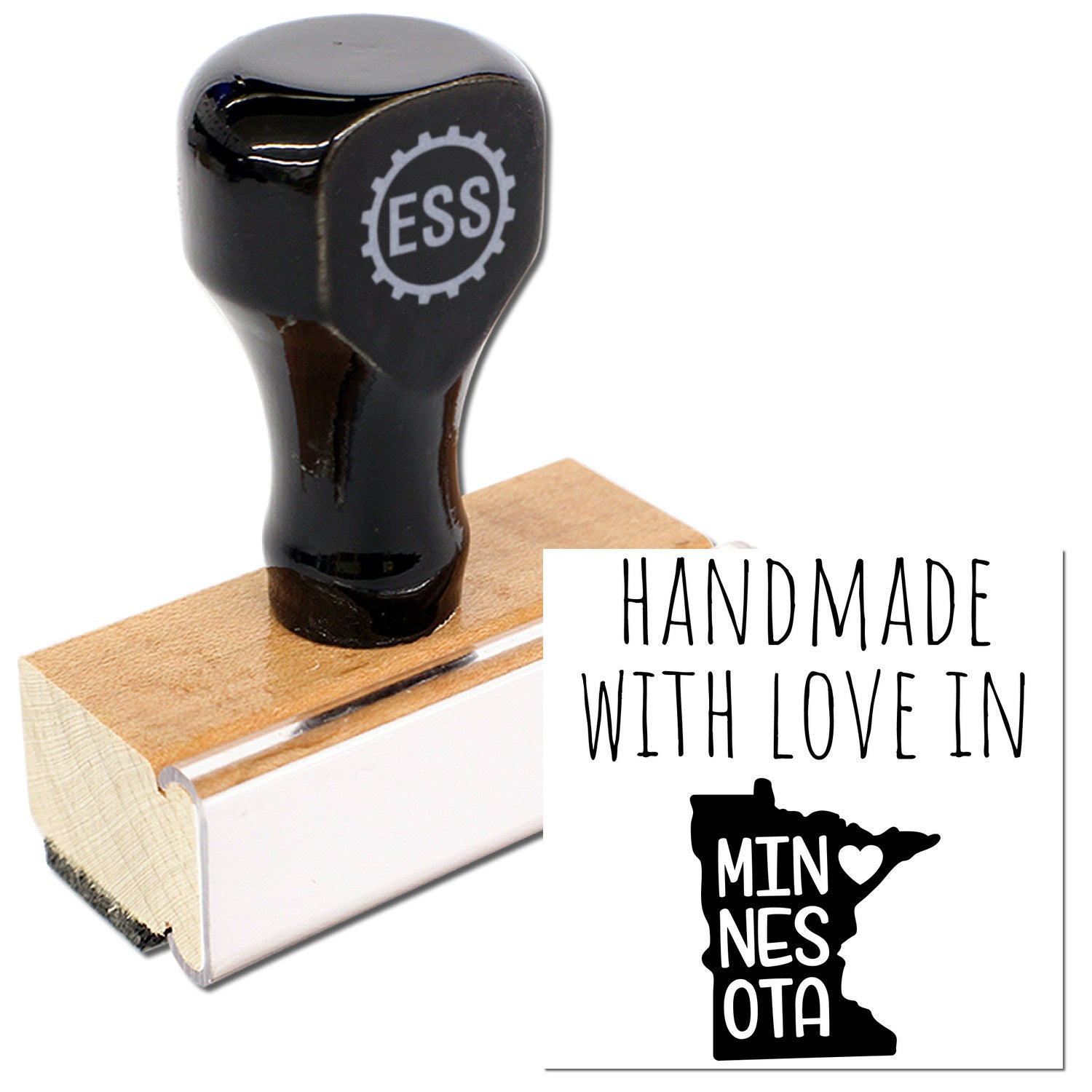 Wood Handle Minnesota Handmade with Love Rubber Stamp featuring a black handle and wooden base, showcasing Handmade with Love in Minnesota text and state outline. Perfect for crafts and gifts.