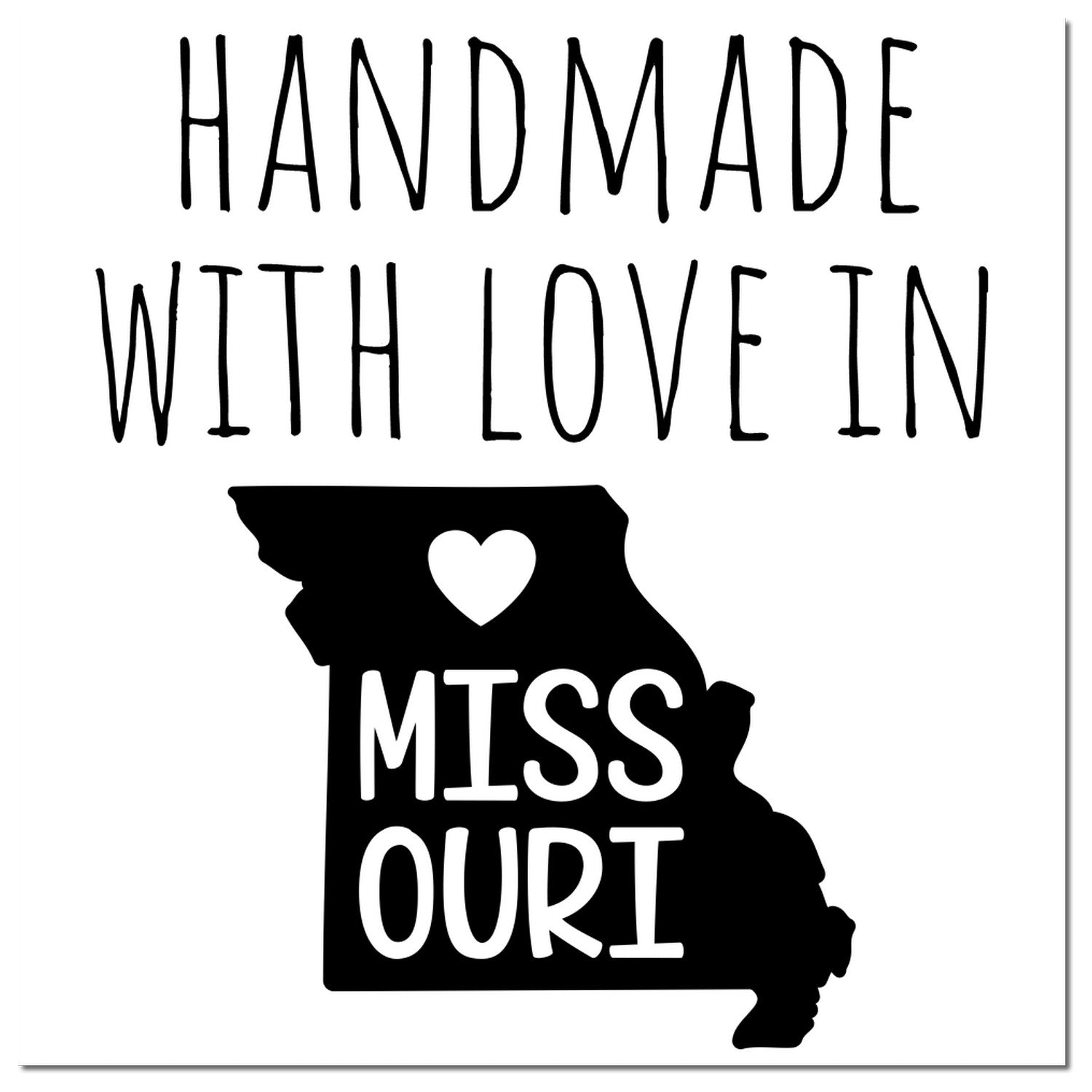 Self-Inking Missouri Handmade with Love Stamp featuring a heart inside the state outline and bold text. Perfect for crafts and gifts. Black design on a white background.