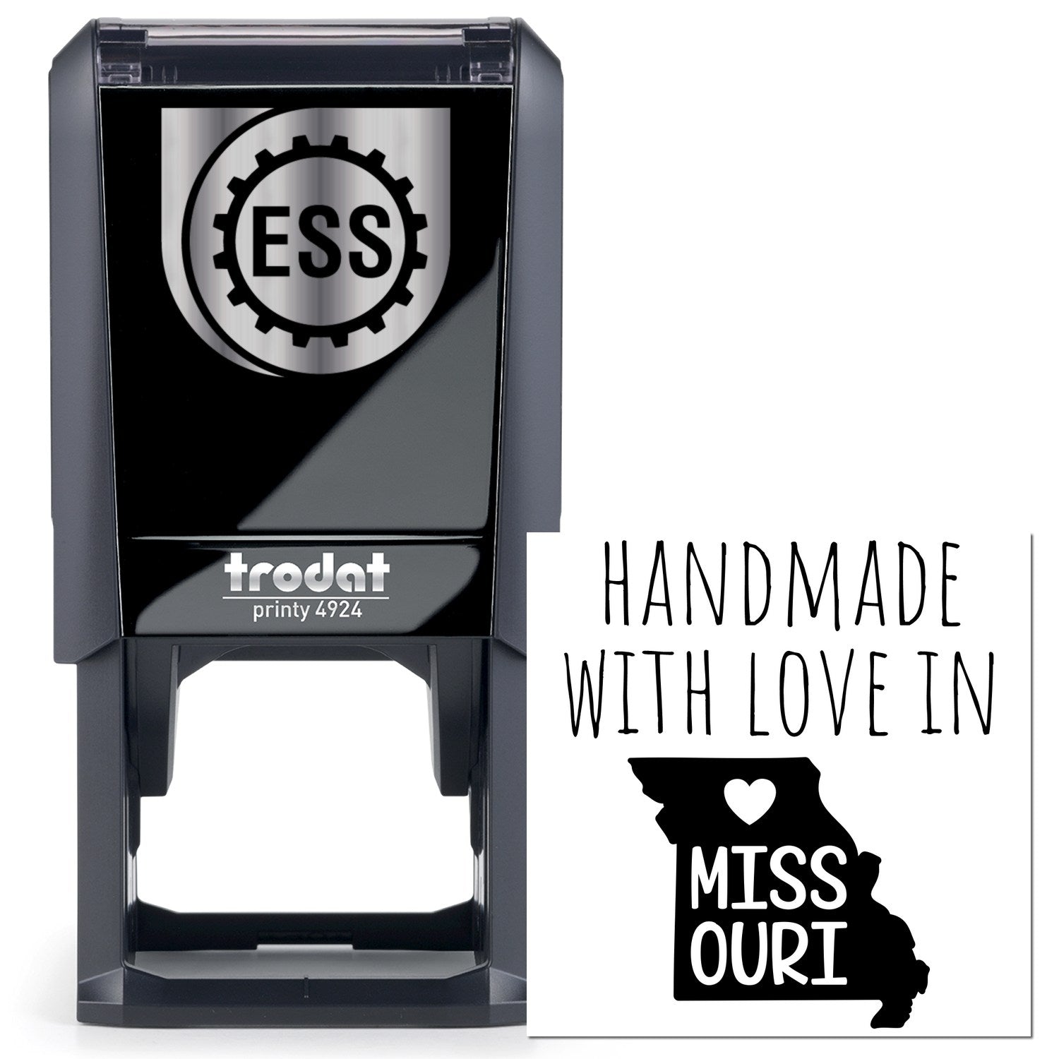 Self-Inking Missouri Handmade with Love Stamp featuring a black Trodat printy 4924 with ESS logo, and a stamp design of Missouri state outline with heart. Perfect for personalized crafts.