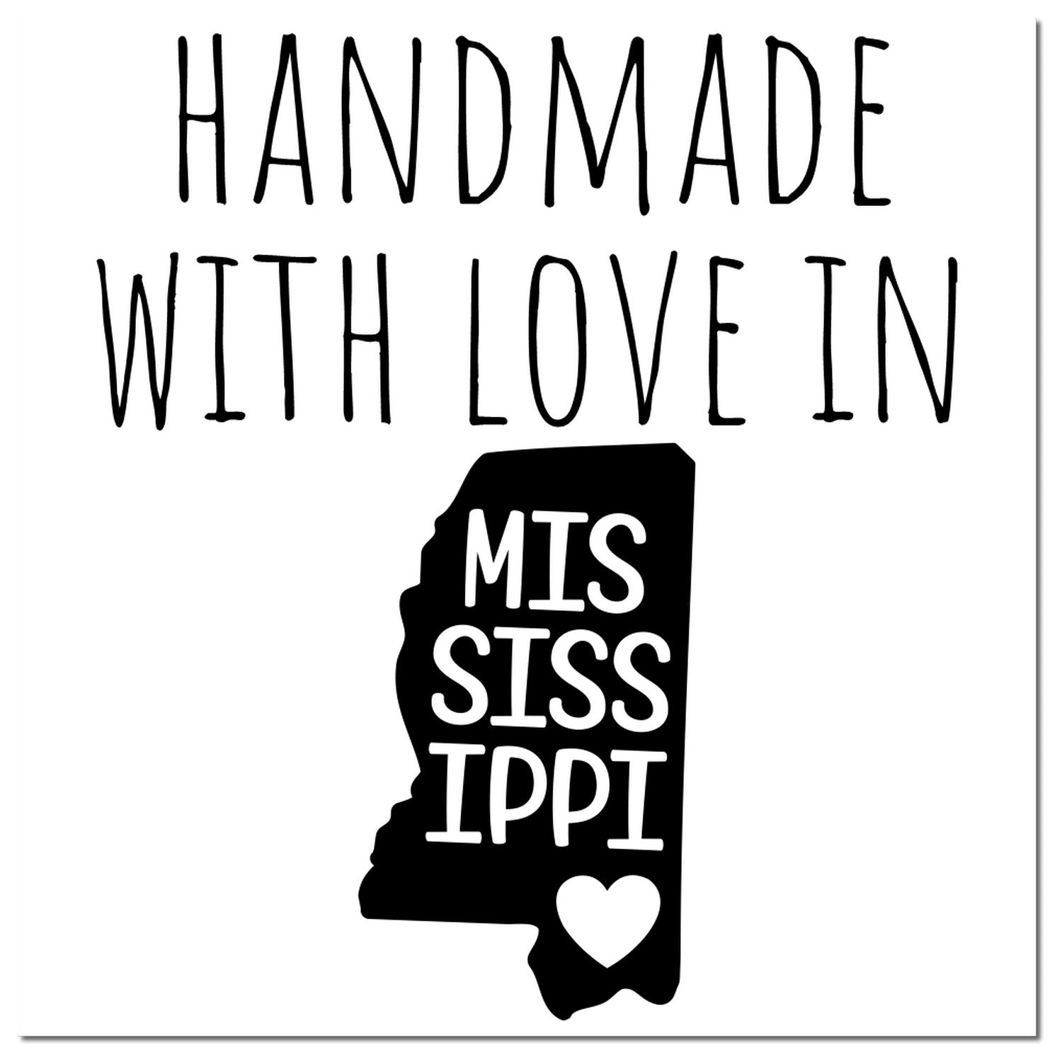 Wood Handle Mississippi Handmade with Love Rubber Stamp featuring a silhouette of Mississippi with Handmade with Love text and a heart, perfect for crafts and gifts.