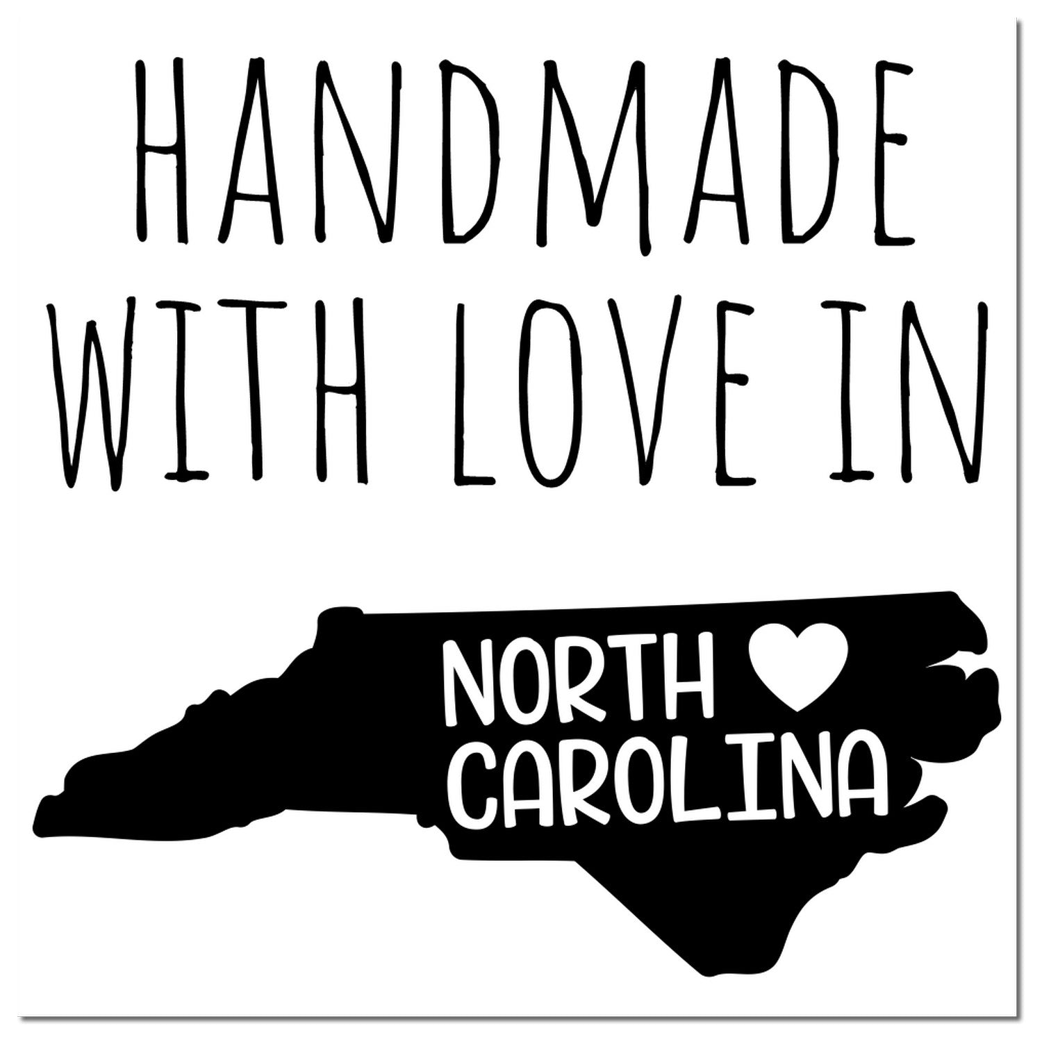 Wood Handle North Carolina Handmade with Love Rubber Stamp featuring a black silhouette of North Carolina with 'Handmade with Love' text. Perfect for crafts and personalized projects.