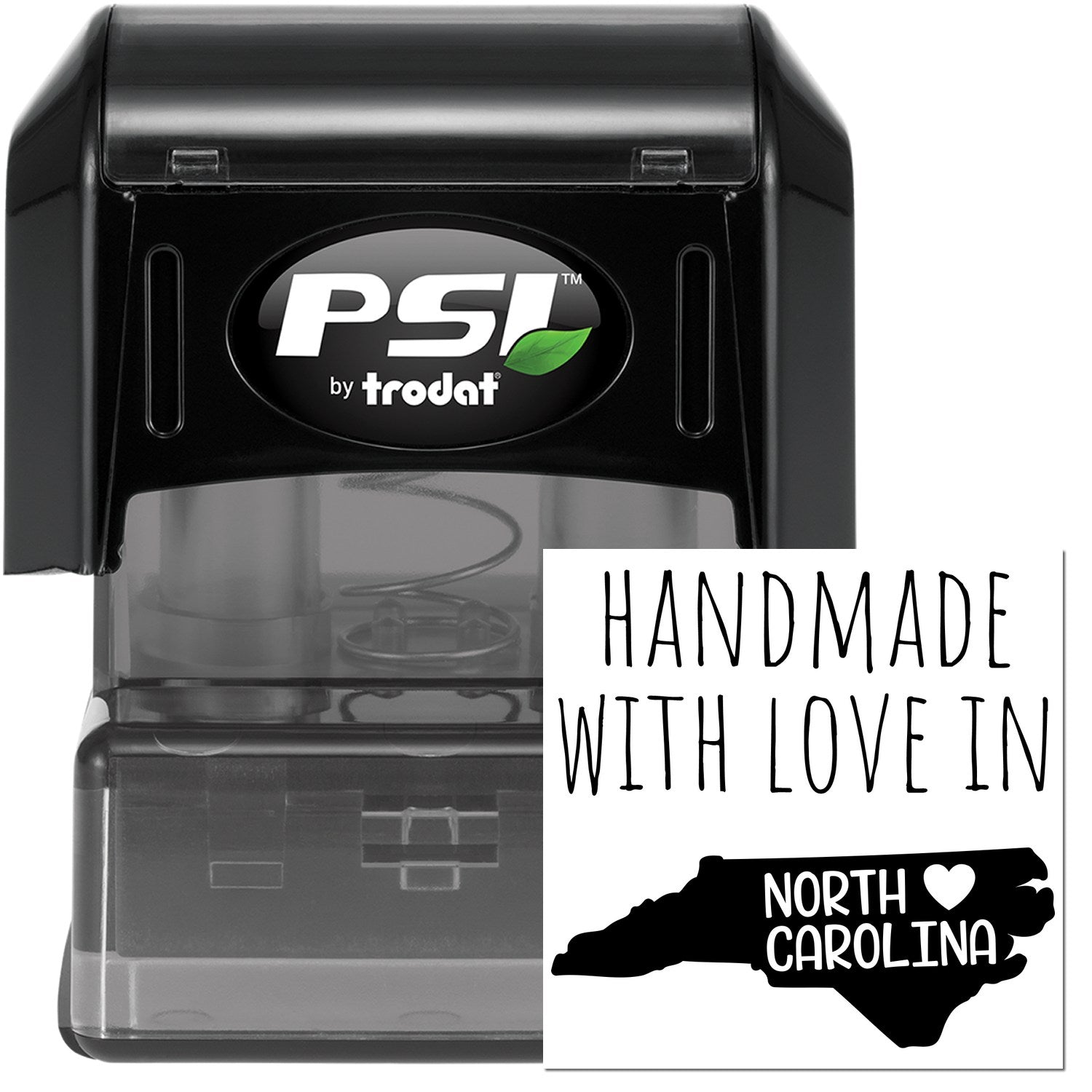 PSI Pre-Inked Handmade with Love in North Carolina stamp, featuring a black casing and a design highlighting North Carolina with a heart symbol.