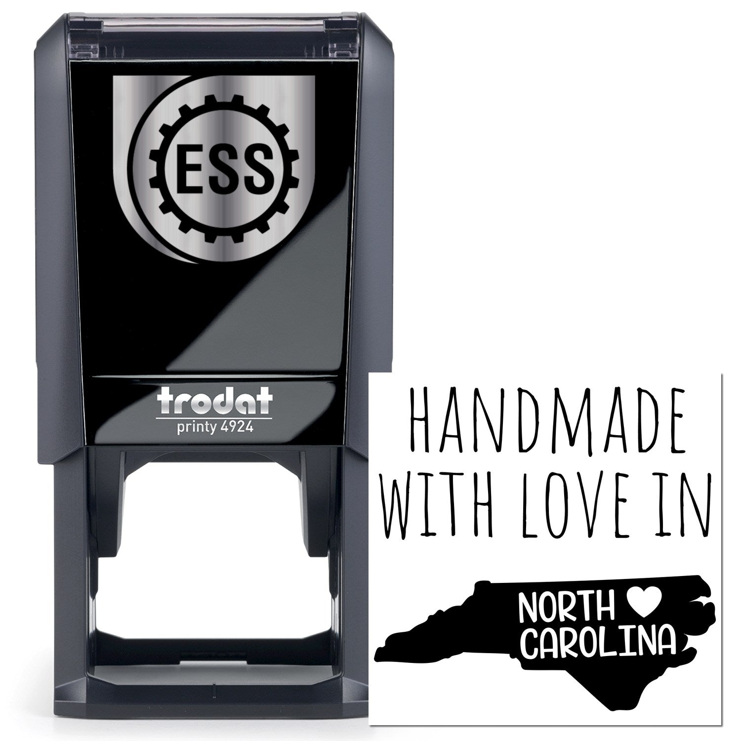 Self-Inking North Carolina Handmade with Love Stamp featuring a black casing and Handmade with Love in North Carolina text with a heart and state outline design. Perfect for crafts and gifts.