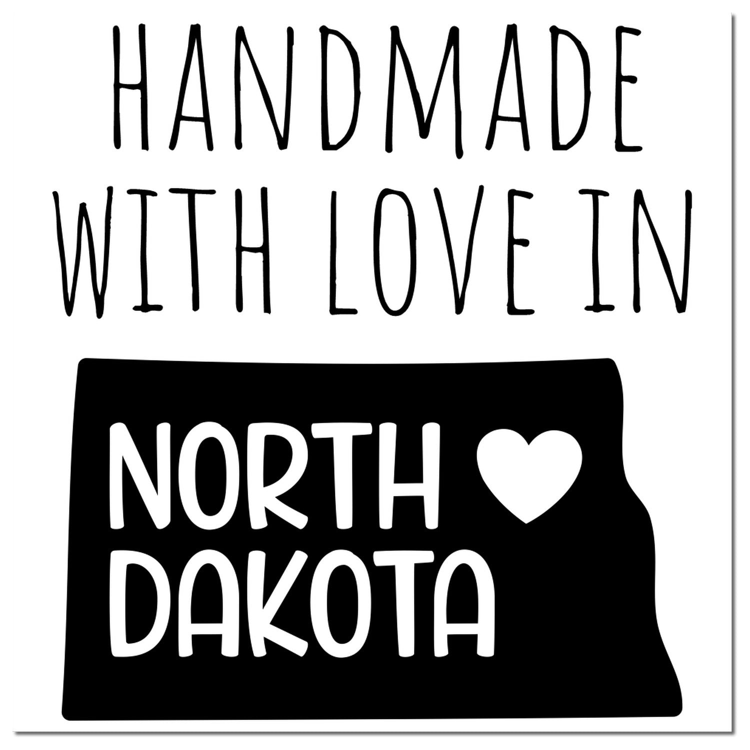 Self-Inking North Dakota Handmade with Love Stamp featuring bold text and a heart design, perfect for crafts and gifts.