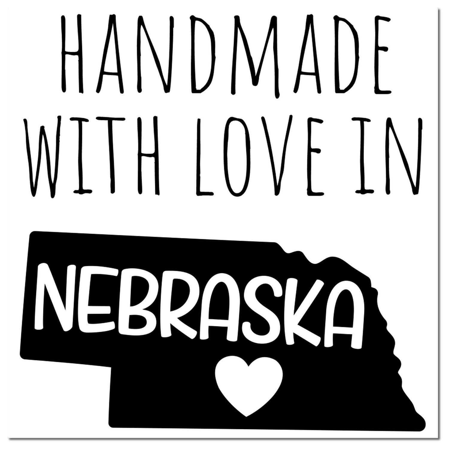 Wood Handle Nebraska Handmade with Love Rubber Stamp featuring a black imprint of Nebraska with Handmade with Love text and a heart, perfect for crafts and gifts.