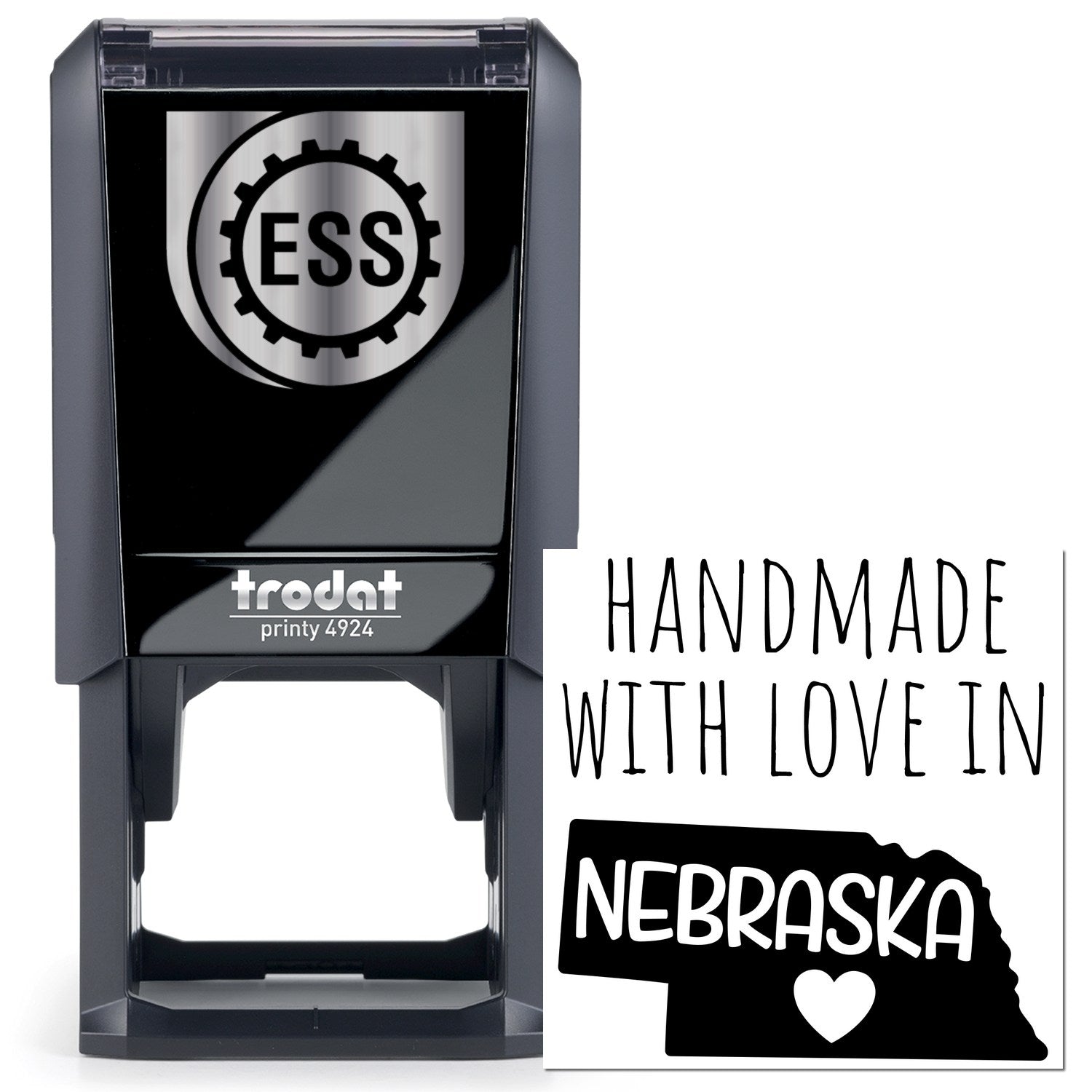 Self-Inking Nebraska Handmade with Love Stamp featuring a sleek black design, ESS logo, and Handmade with Love in Nebraska text. Perfect for adding a personal touch to crafts and gifts.