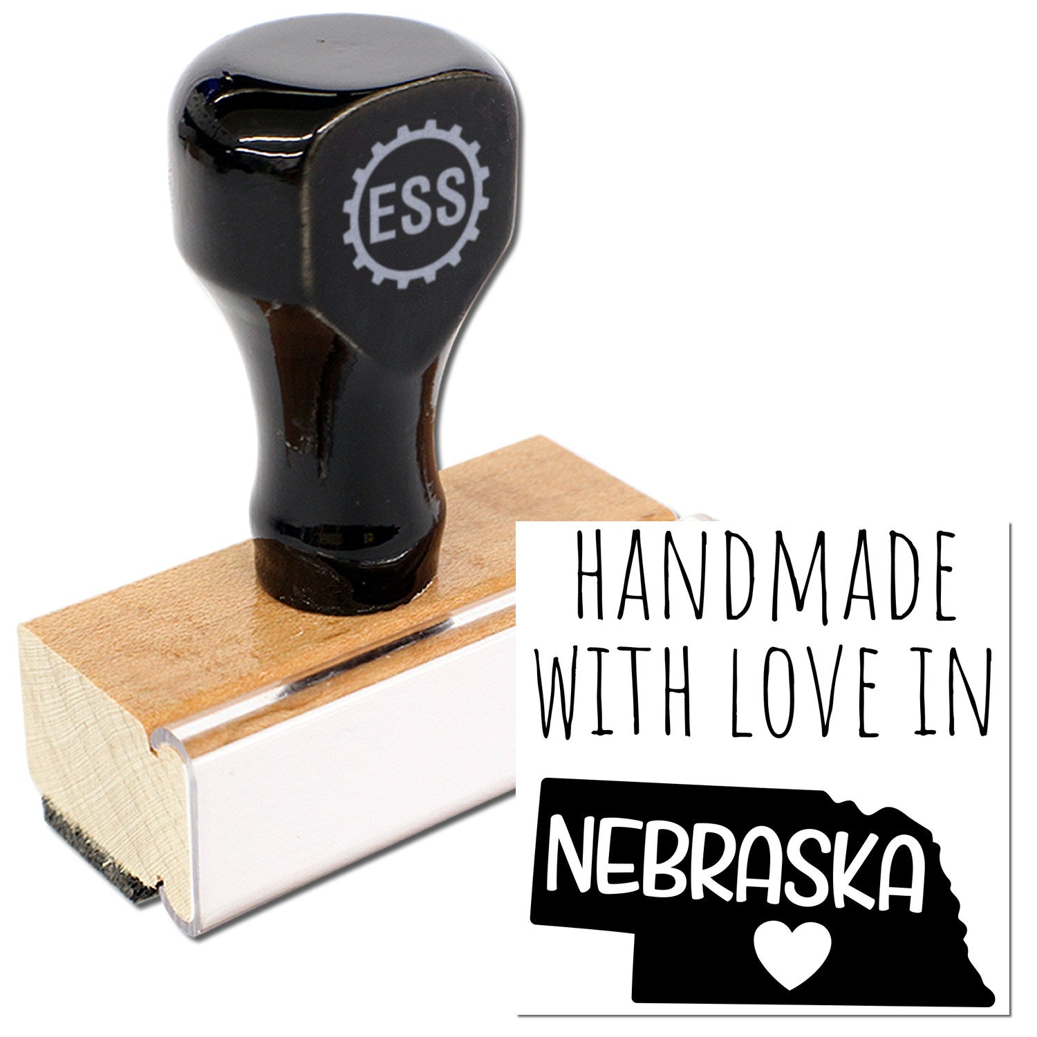 Wood Handle Nebraska Handmade with Love Rubber Stamp featuring a wooden base and black handle, showcasing 'Handmade with Love in Nebraska' design. Perfect for crafts and gifts.