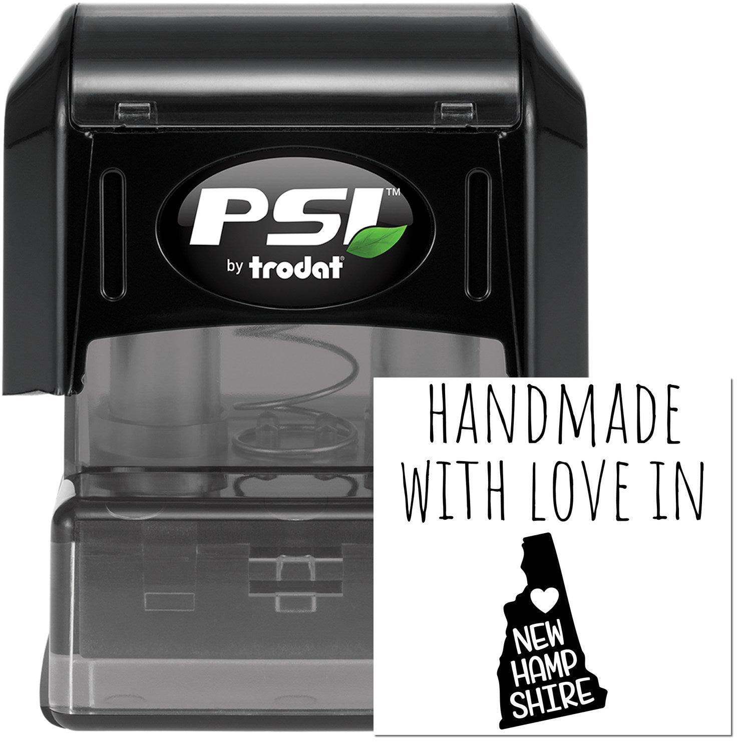 PSI Pre-Inked Handmade with Love in New Hampshire stamp, featuring a black casing and a design with a heart and New Hampshire outline. Perfect for personalized stamping needs.