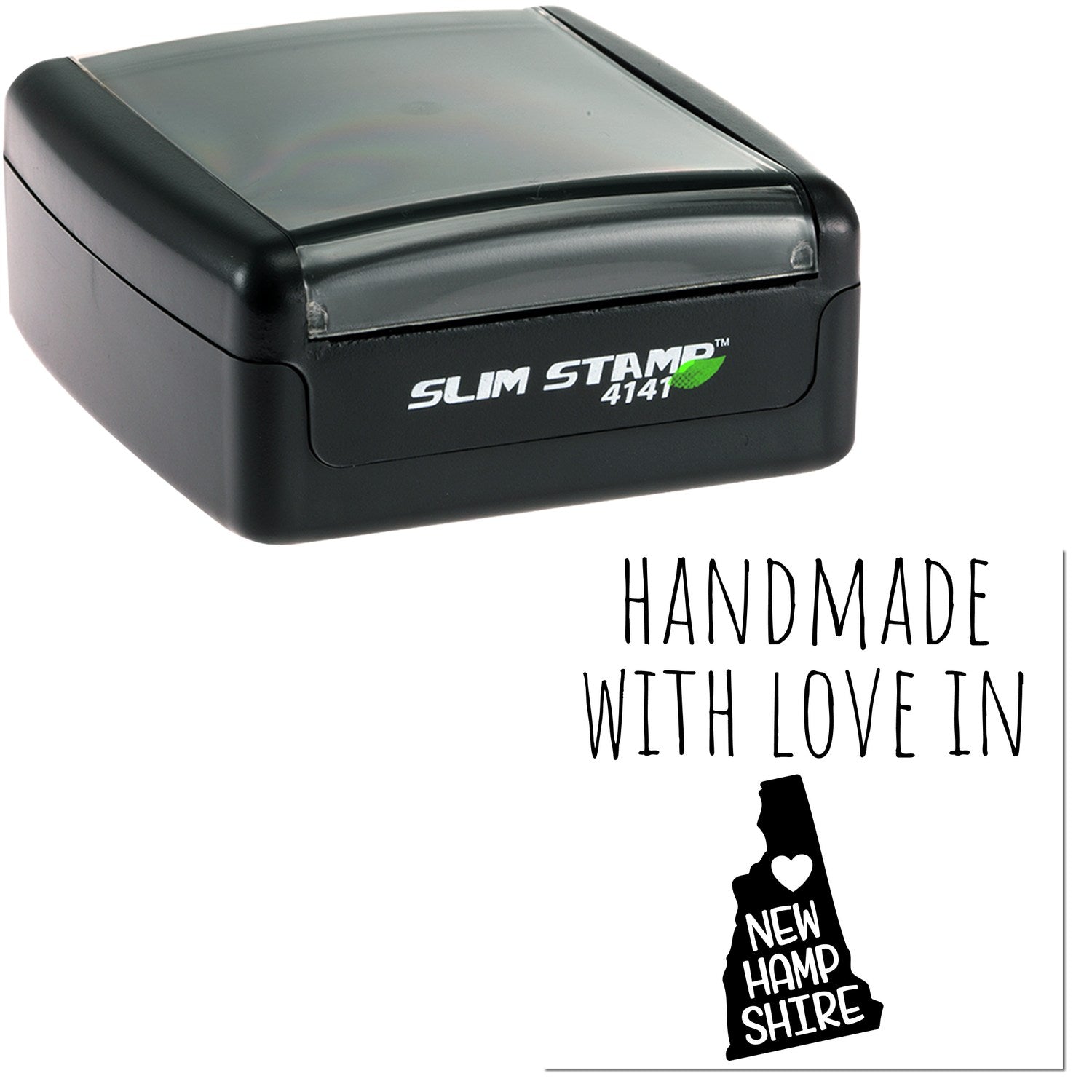 Handmade with Love in New Hampshire Slim Pre-Inked Stamp, black casing, compact design, featuring New Hampshire state outline and heart graphic.