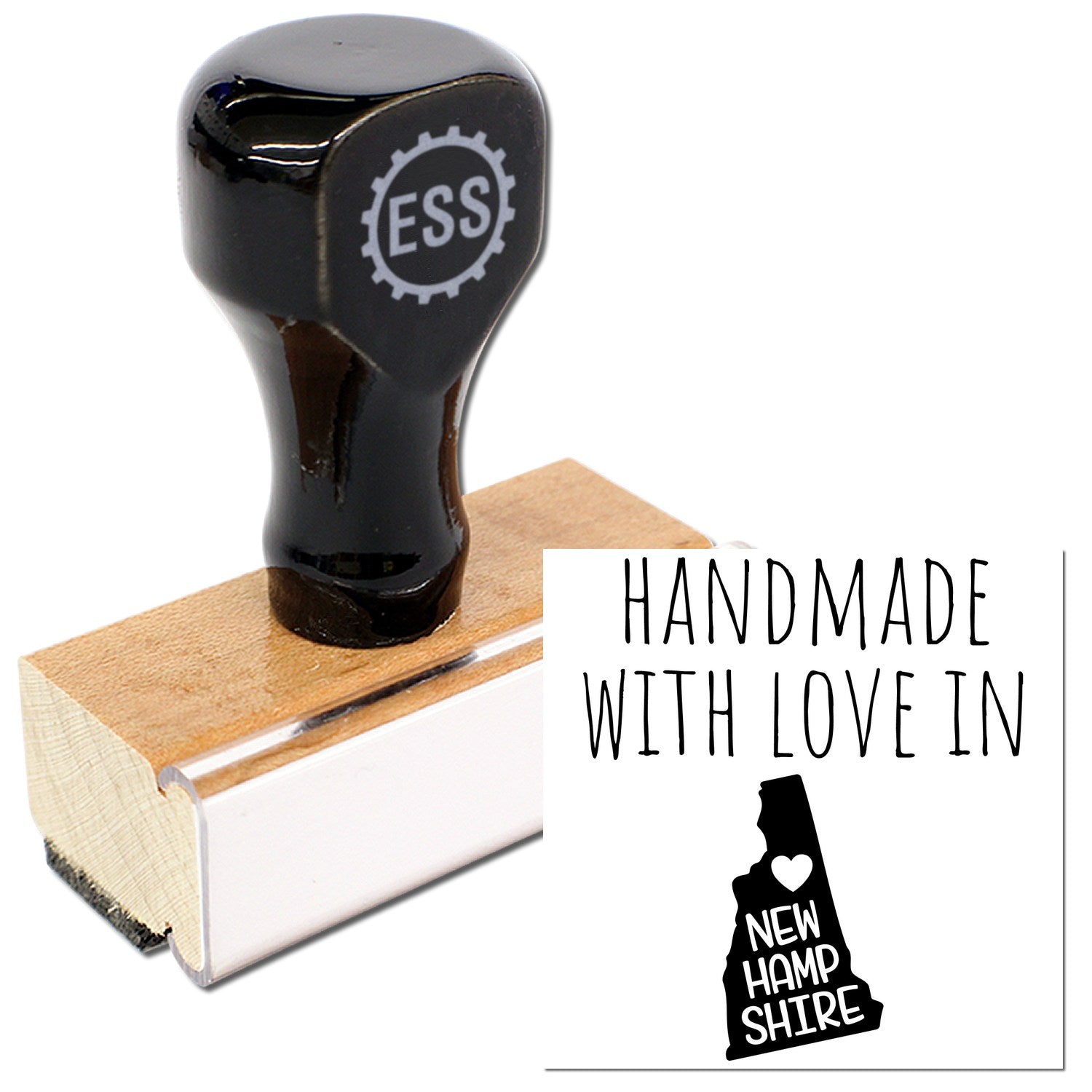 Wood Handle New Hampshire Handmade with Love Rubber Stamp featuring a black handle and wooden base, alongside a stamped image of New Hampshire with Handmade with Love text.