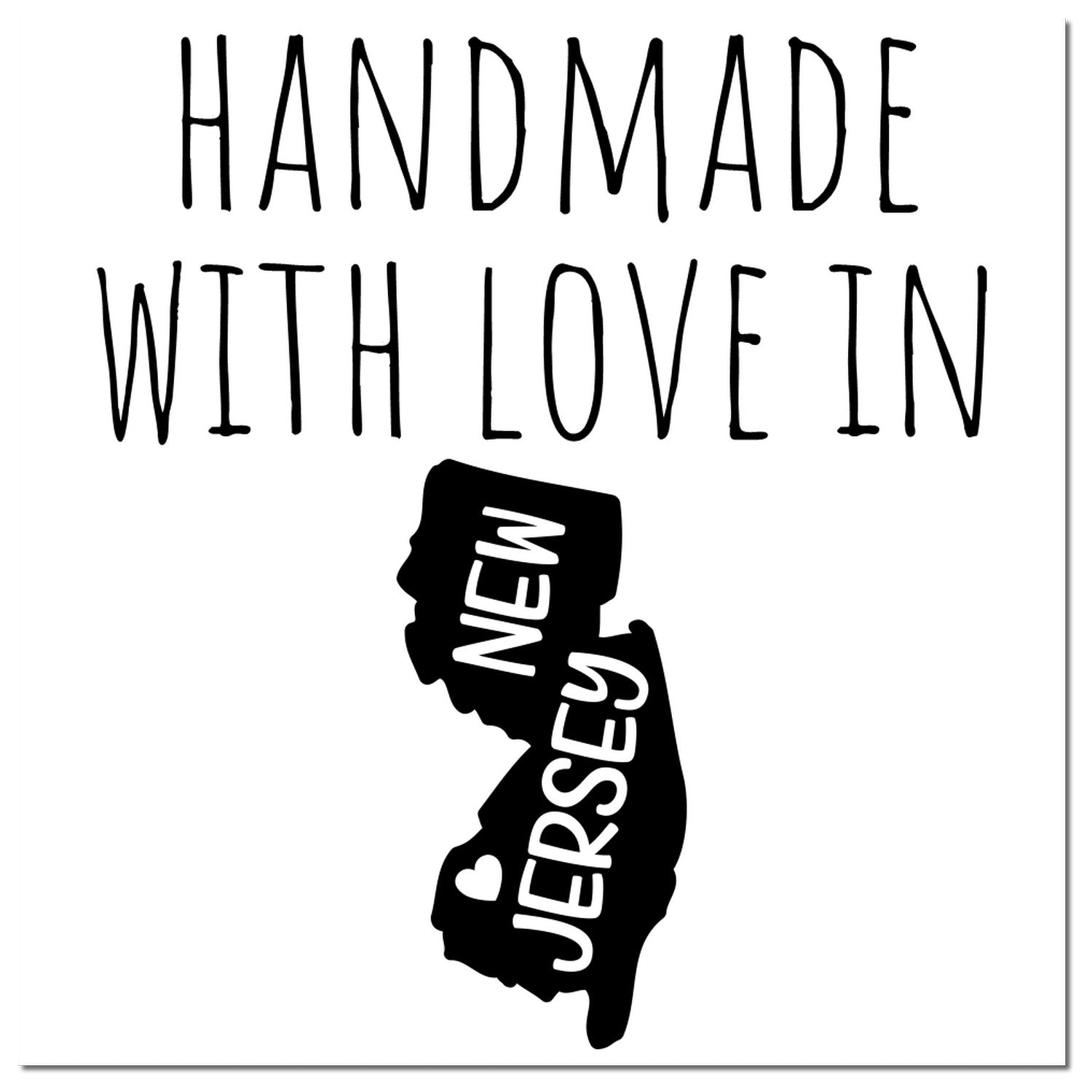 Wood Handle New Jersey Handmade with Love Rubber Stamp featuring a black imprint of New Jersey with 'Handmade with Love' text, perfect for crafts and gifts.