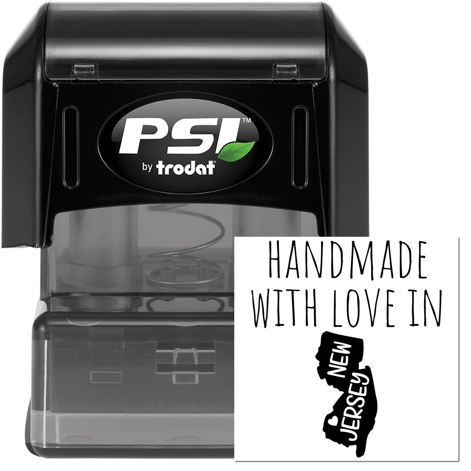 PSI Pre-Inked Handmade with Love in New Jersey stamp, featuring a black casing and a design of New Jersey state outline with text. Ideal for personalized stamping needs.