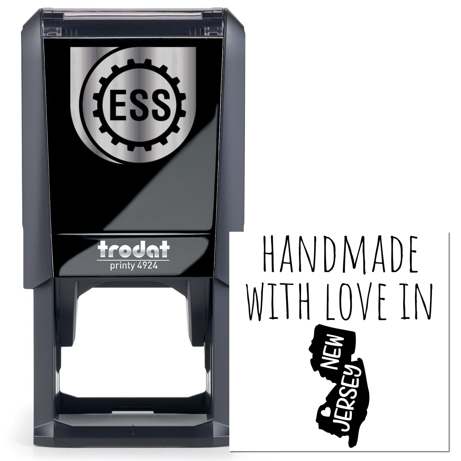 Self-Inking New Jersey Handmade with Love Stamp featuring a sleek black design and Handmade with Love in New Jersey text, perfect for adding a personal touch to crafts and gifts.