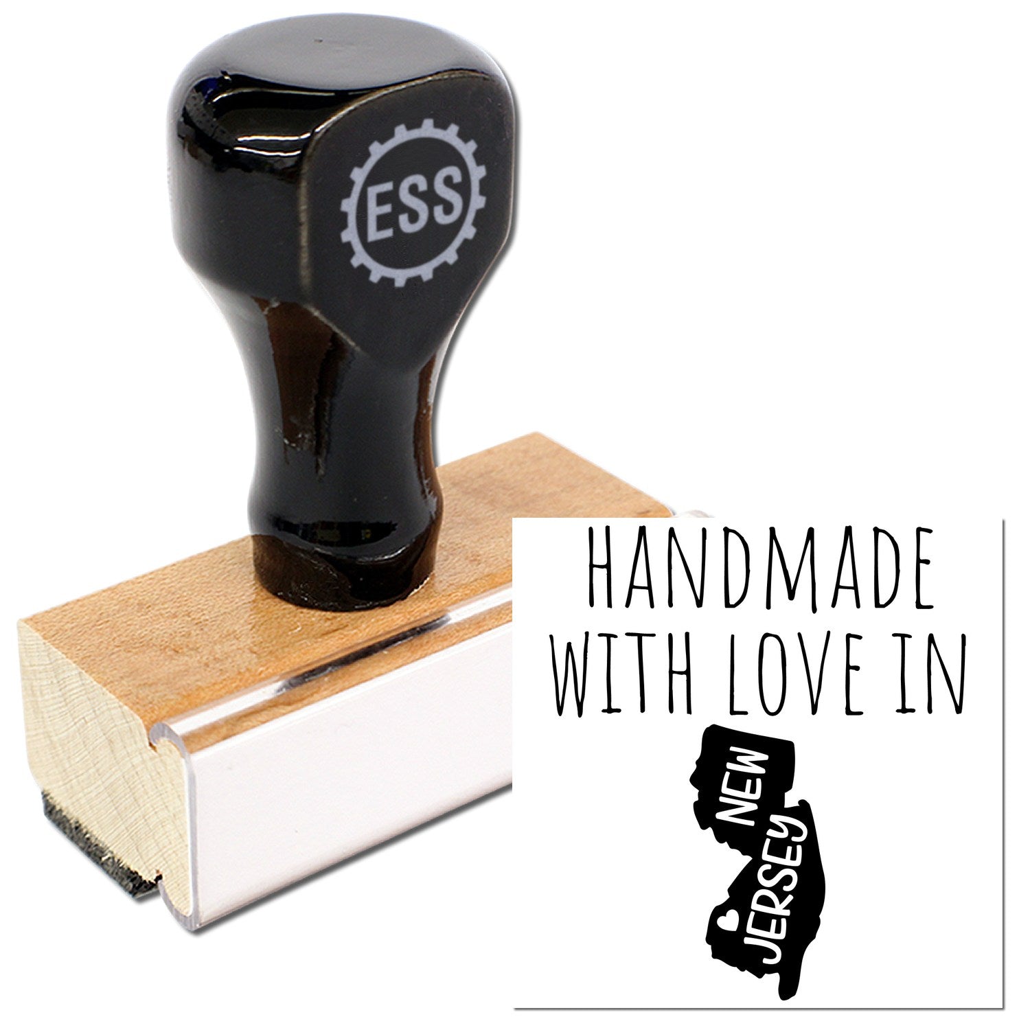 Wood Handle New Jersey Handmade with Love Rubber Stamp featuring a black top with 'ESS' logo, wooden base, and 'Handmade with Love in New Jersey' imprint design.