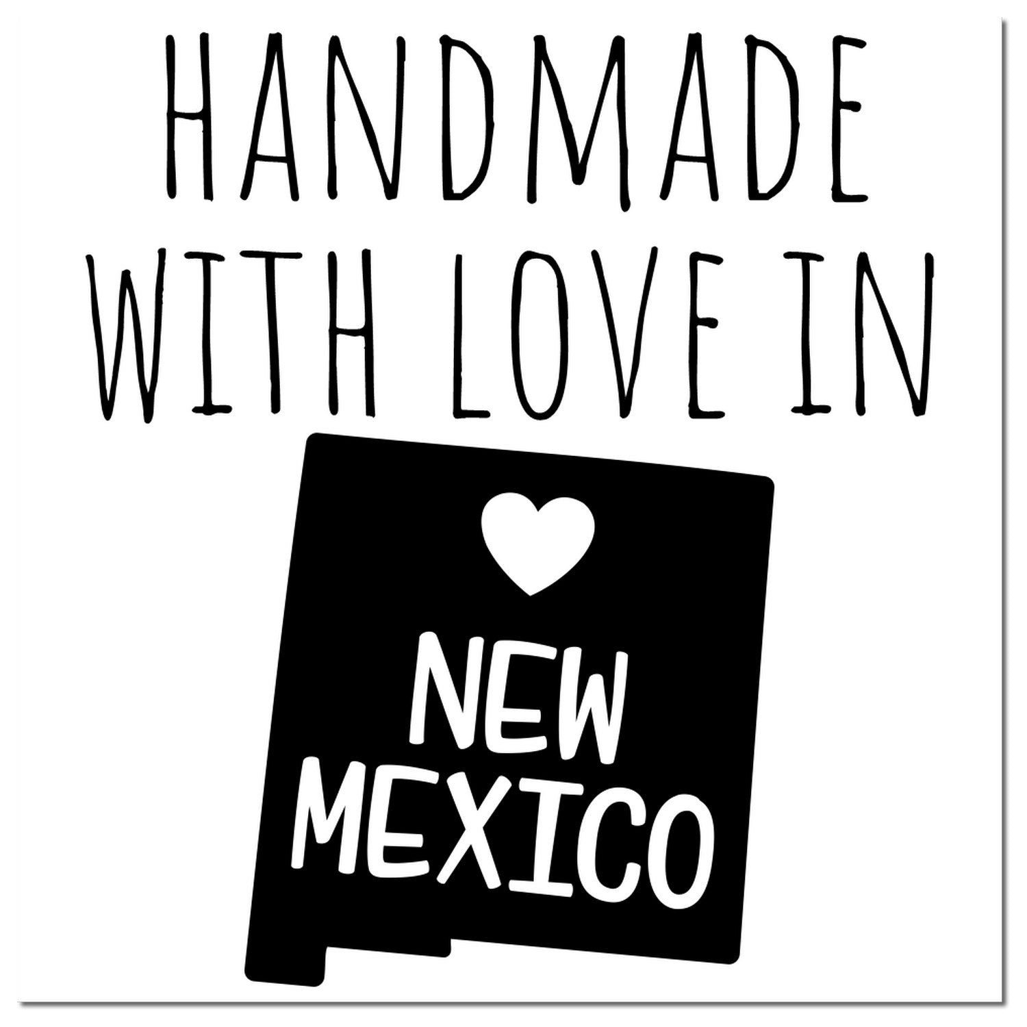 PSI Pre-Inked Handmade with Love in New Mexico stamp featuring bold black text and a heart design on a white background.