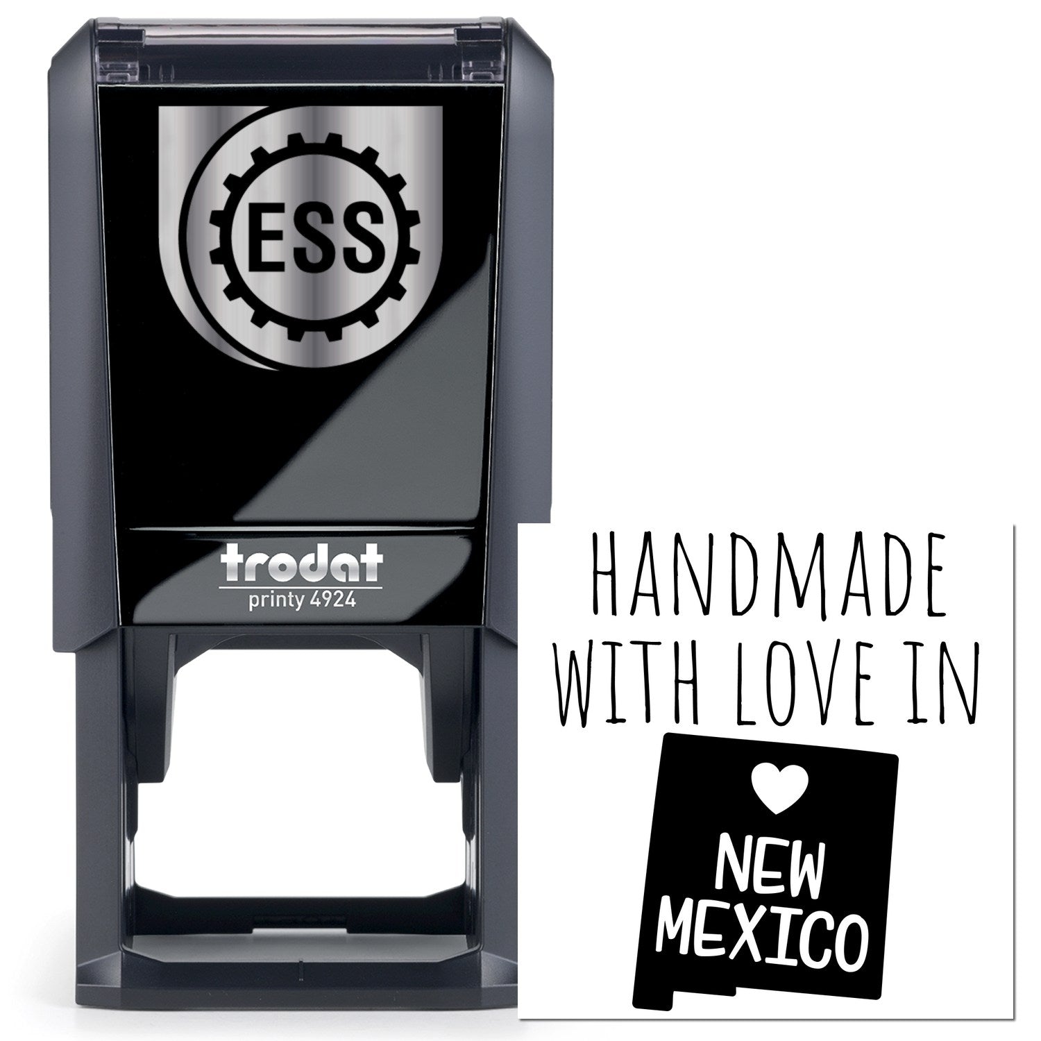 Self-Inking New Mexico Handmade with Love Stamp featuring a sleek black design and Handmade with Love in New Mexico text, perfect for adding a personal touch to crafts and gifts.