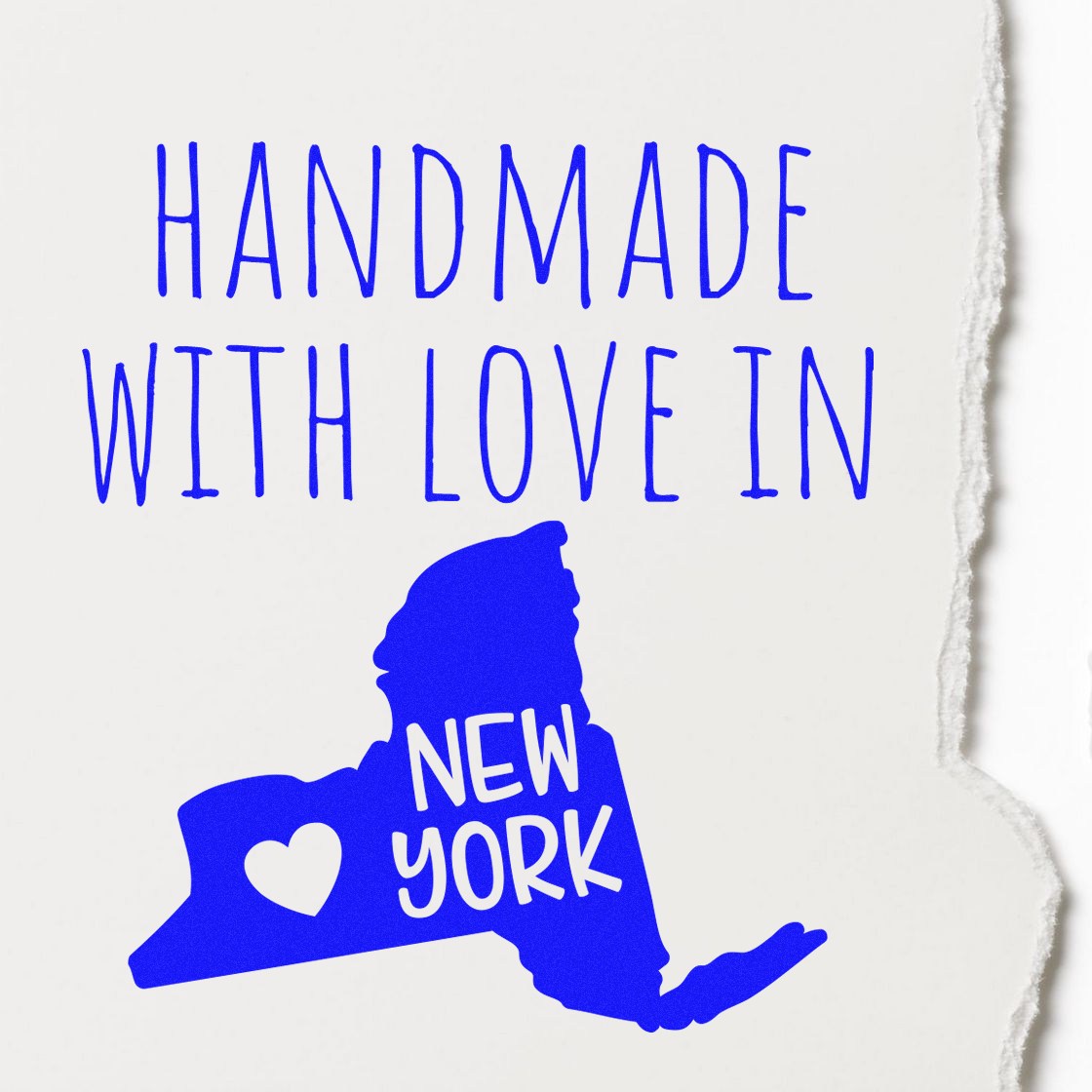 Wood Handle New York Handmade with Love Rubber Stamp featuring a blue map of New York with a heart, perfect for crafts and gifts.