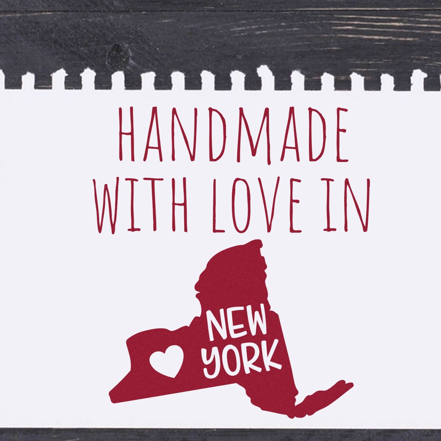 Handmade with Love in New York Slim Pre-Inked Stamp featuring a red New York state outline with a heart, perfect for adding a personal touch to crafts and letters.