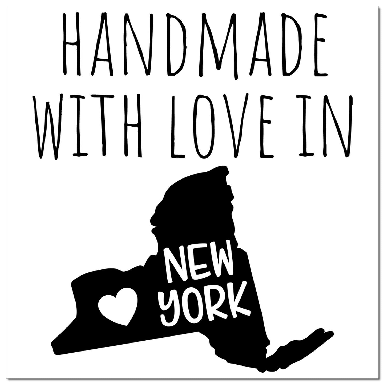 Wood Handle New York Handmade with Love Rubber Stamp featuring a black imprint of New York state with a heart, perfect for crafts and gifts.