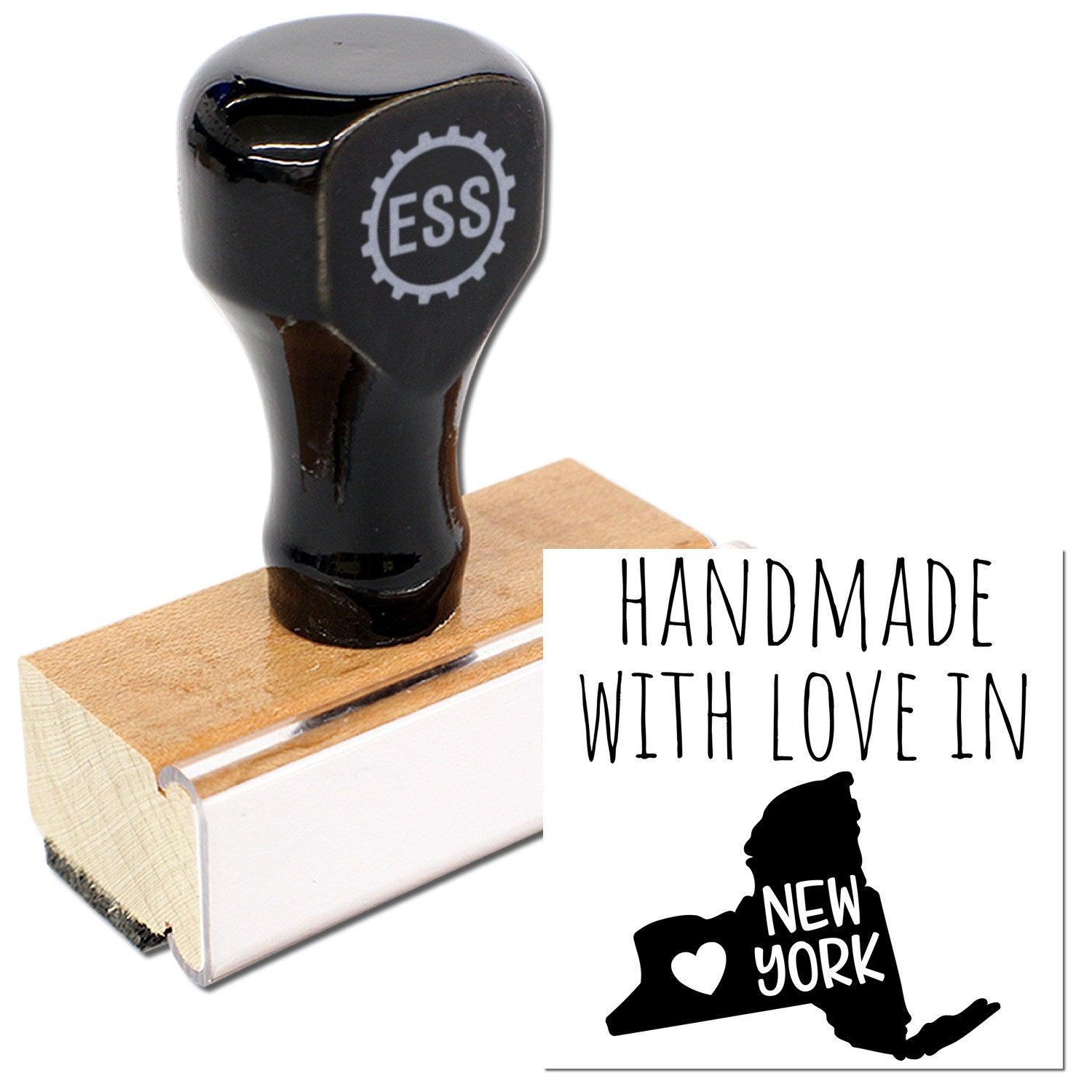 Wood Handle New York Handmade with Love Rubber Stamp featuring a sleek black top, engraved ESS logo, and a sturdy wooden base. Perfect for adding a personal touch to crafts and gifts.