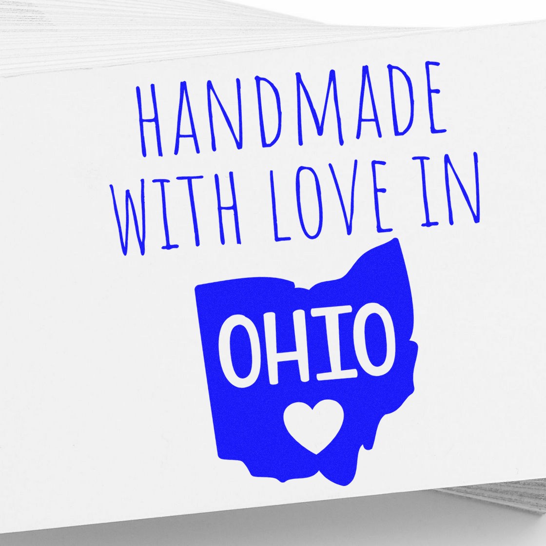 Wood Handle Ohio Handmade with Love Rubber Stamp featuring a blue Ohio state outline with a heart, perfect for crafting and personalizing projects.