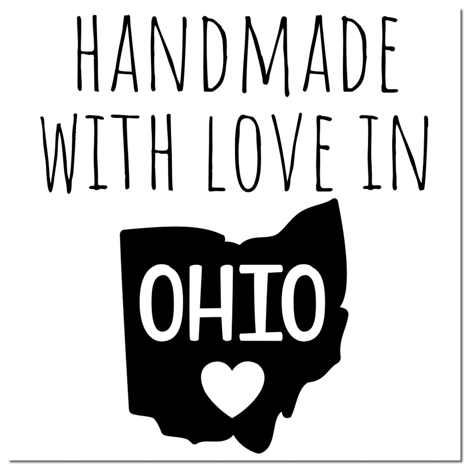 Handmade with Love in Ohio Slim Pre-Inked Stamp featuring Ohio state outline with heart, black text on white background.