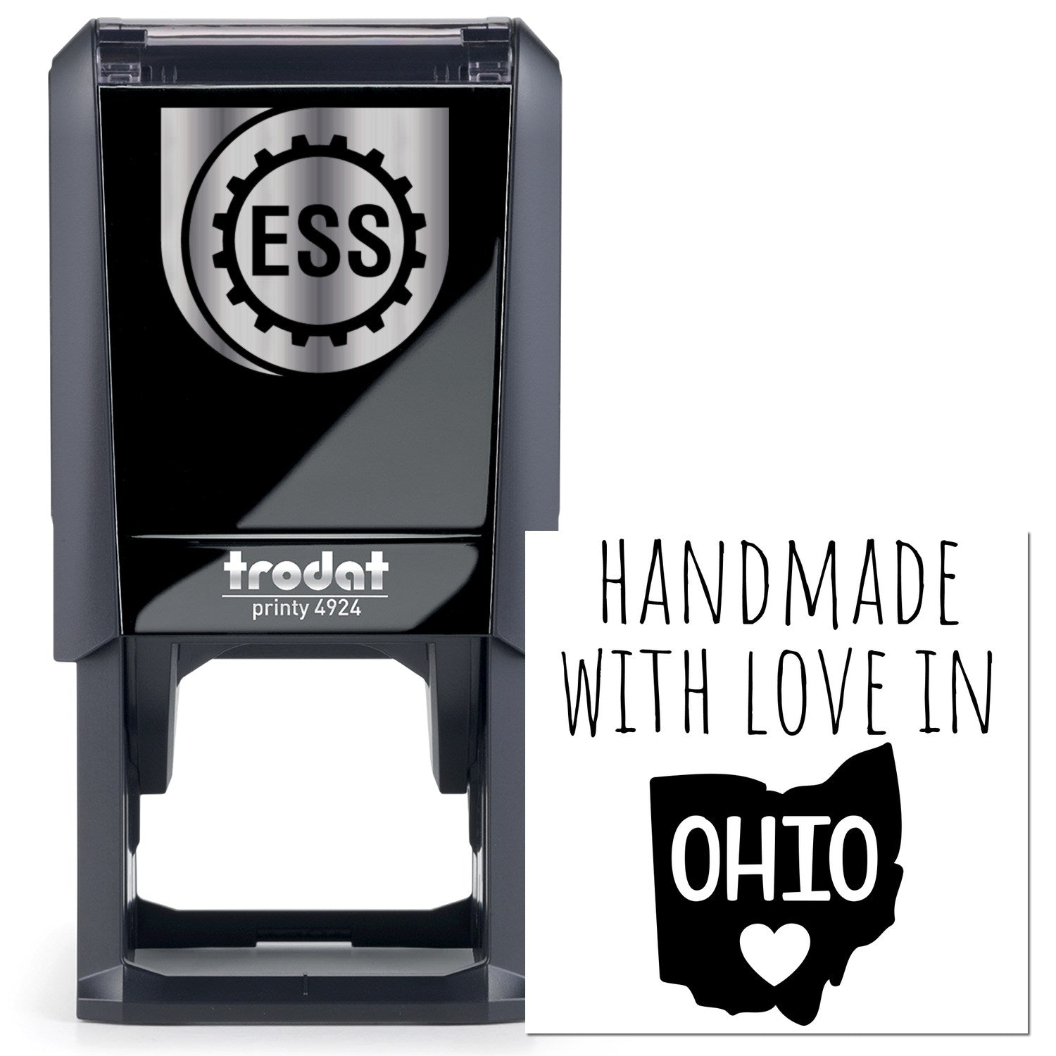 Self-Inking Ohio Handmade with Love Stamp featuring a black Trodat printy 4924 with 'ESS' logo and 'Handmade with Love in Ohio' design. Perfect for personalized stamping.