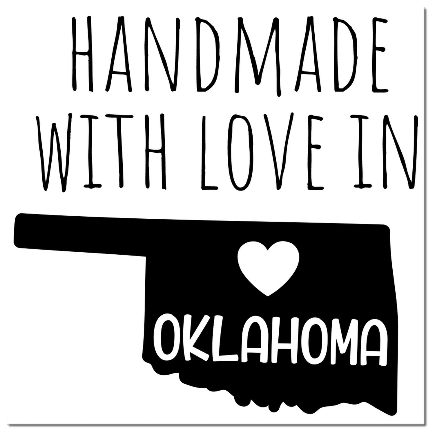 Self-Inking Oklahoma Handmade with Love Stamp featuring a black silhouette of Oklahoma with a heart and bold text. Perfect for crafts and gifts.