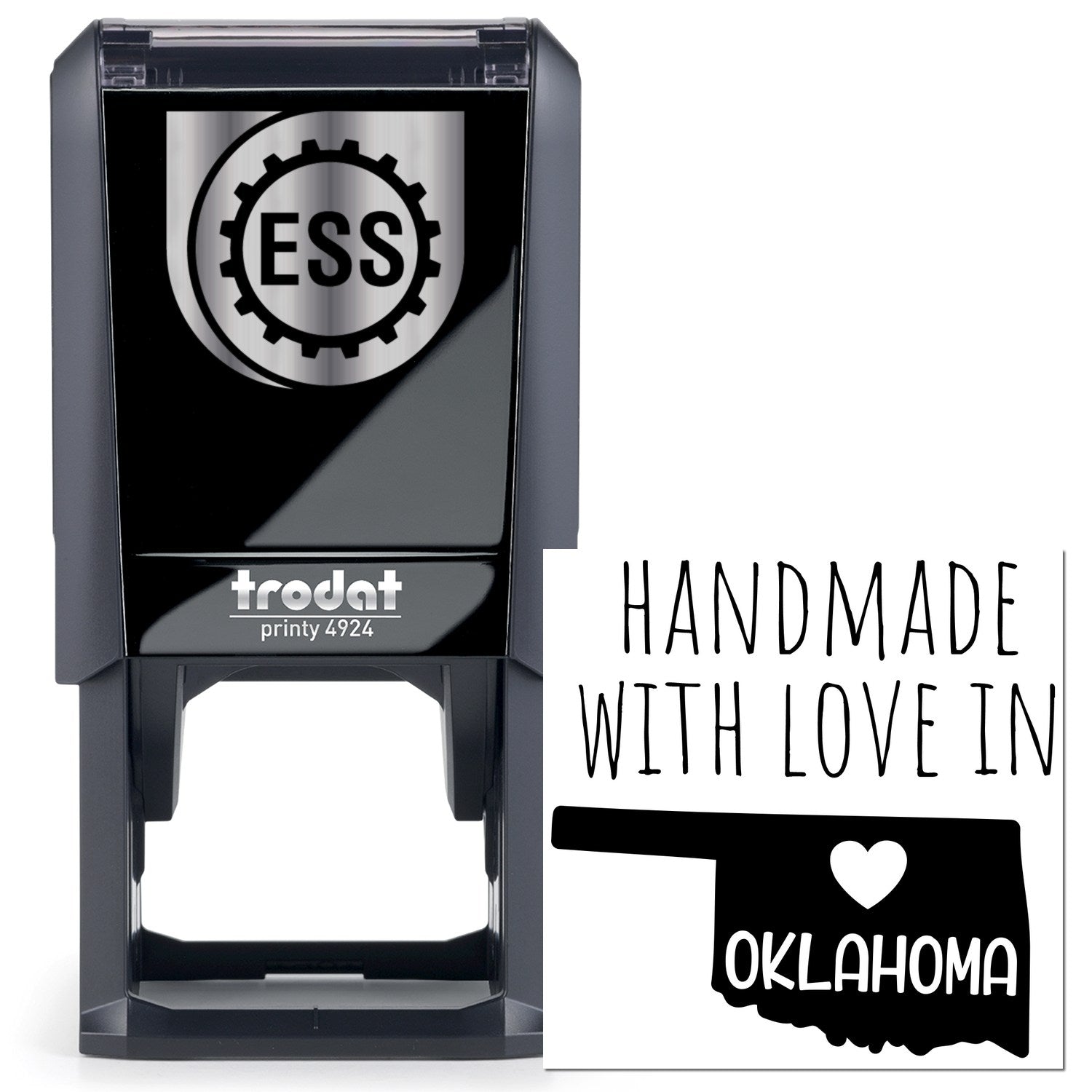 Self-Inking Oklahoma Handmade with Love Stamp featuring a sleek black design, ESS logo, and Handmade with Love in Oklahoma text. Perfect for adding a personal touch to crafts and gifts.