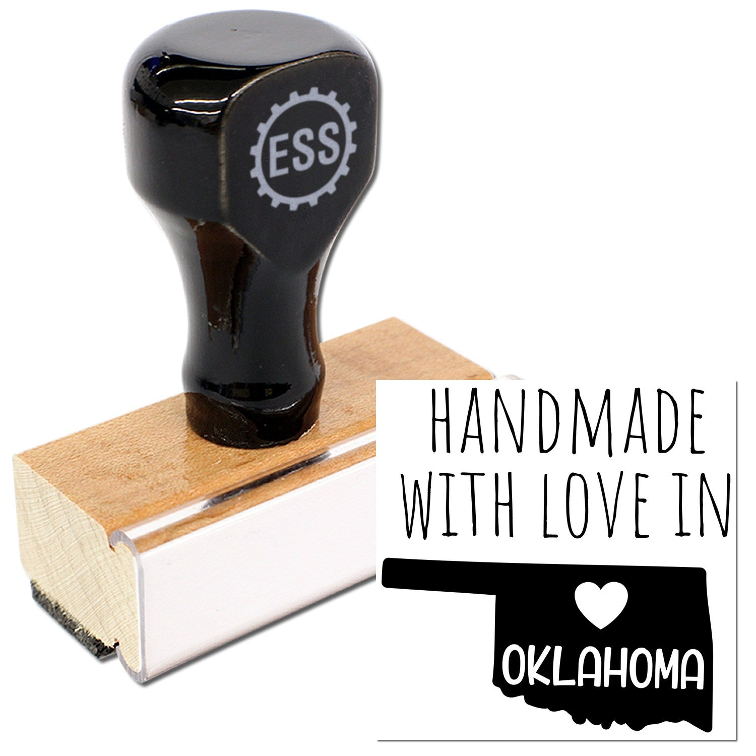 Wood Handle Oklahoma Handmade with Love Rubber Stamp featuring a black top with 'ESS' logo and a wooden base, alongside a 'Handmade with Love in Oklahoma' imprint design.