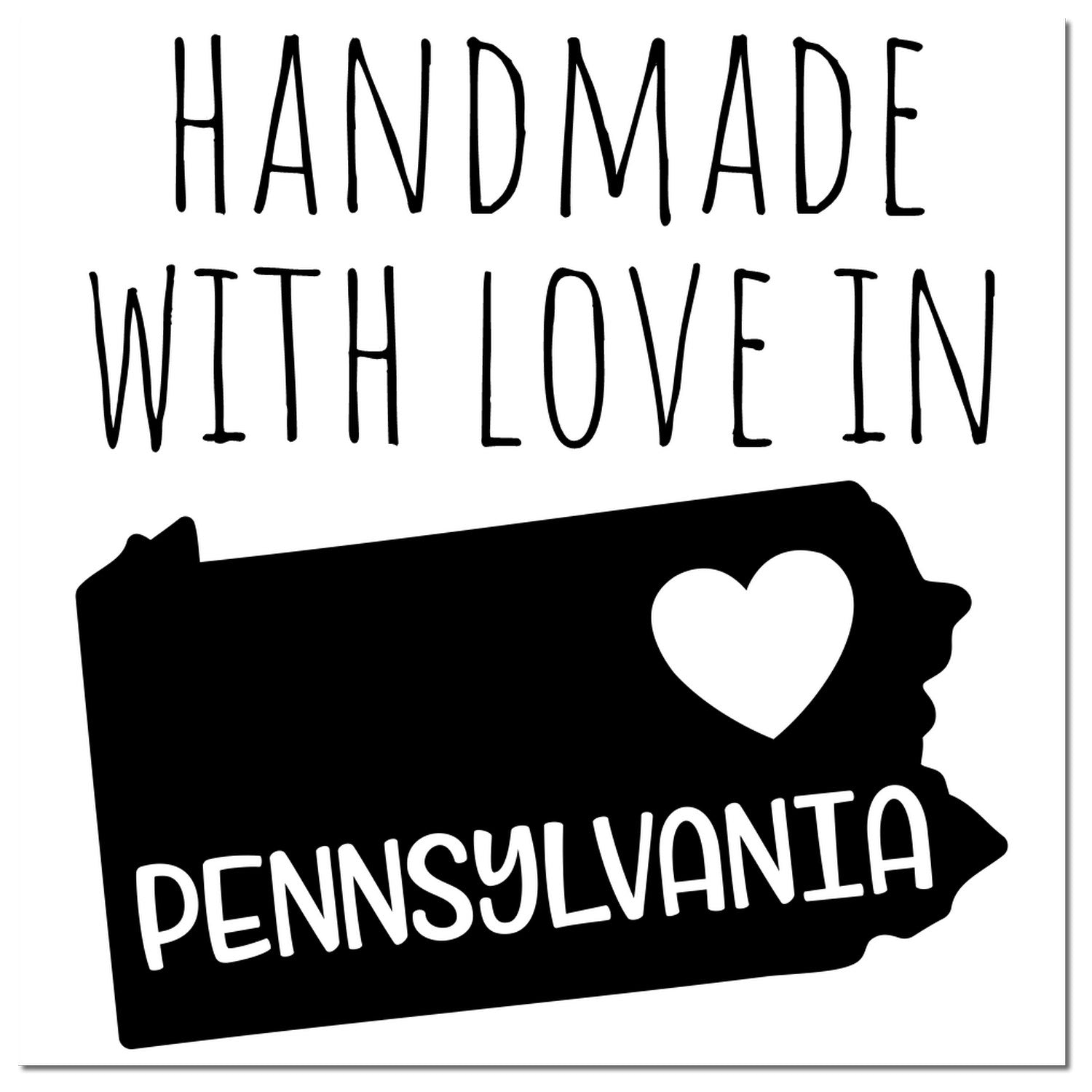 PSI Pre-Inked Handmade with Love in Pennsylvania stamp featuring a heart and state outline, emphasizing craftsmanship and local pride.