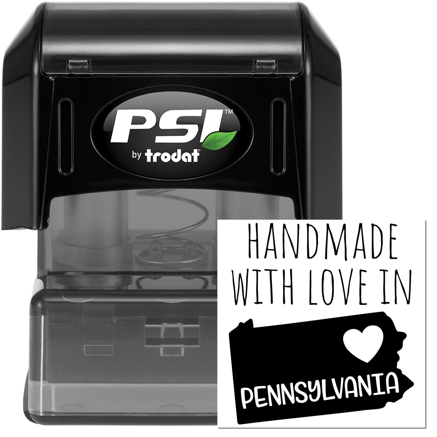 PSI Pre-Inked Handmade with Love in Pennsylvania stamp, featuring a black casing and a design with a heart and Pennsylvania outline.