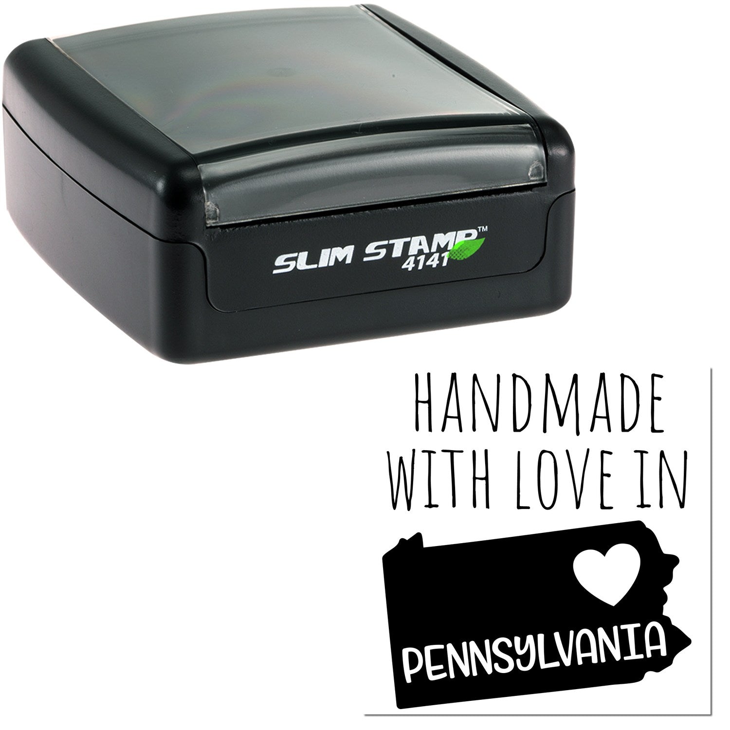 Handmade with Love in Pennsylvania Slim Pre-Inked Stamp, featuring a sleek black design with 'Slim Stamp 4141' branding, and a heart graphic on a Pennsylvania state outline.