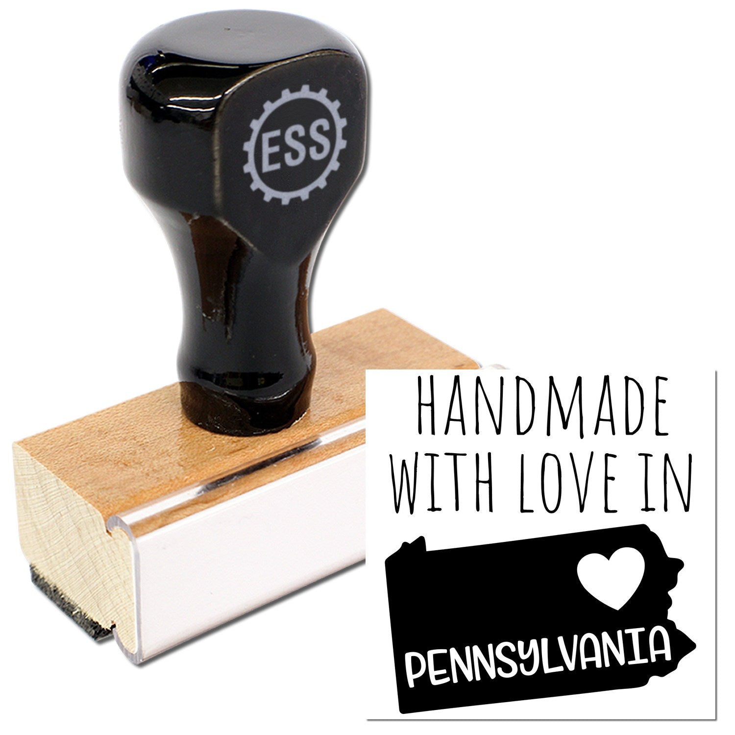 Wood Handle Pennsylvania Handmade with Love Rubber Stamp featuring a black handle and wooden base, showcasing a Handmade with Love in Pennsylvania design. Perfect for crafts and personal projects.