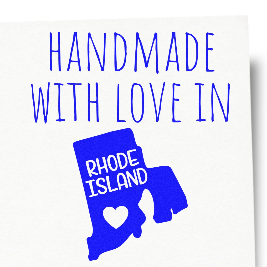 Wood Handle Rhode Island Handmade with Love Rubber Stamp featuring a blue Rhode Island shape with a heart, perfect for crafts and gifts.