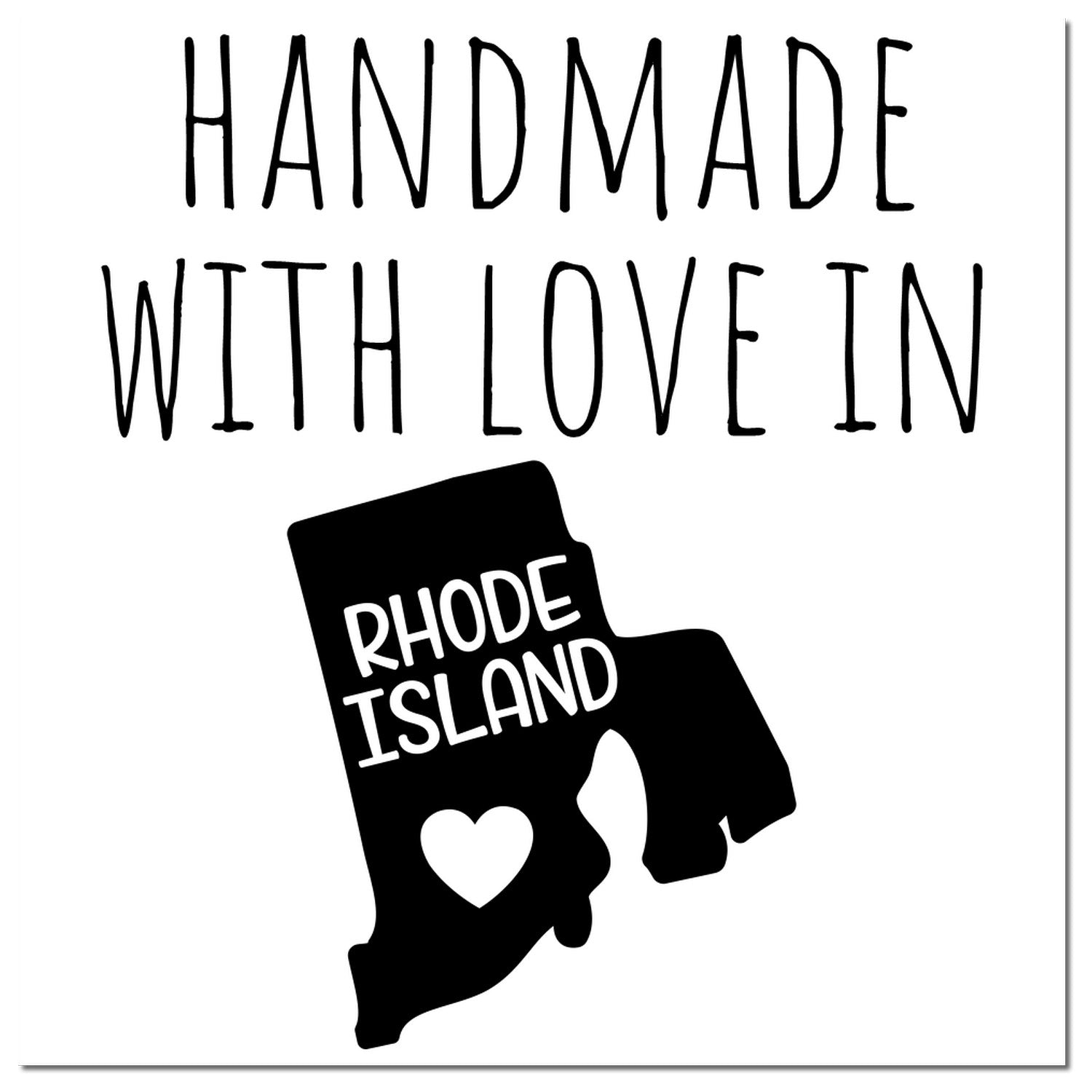 Wood Handle Rhode Island Handmade with Love Rubber Stamp featuring a heart within the state outline and bold text. Perfect for crafts and gifts.