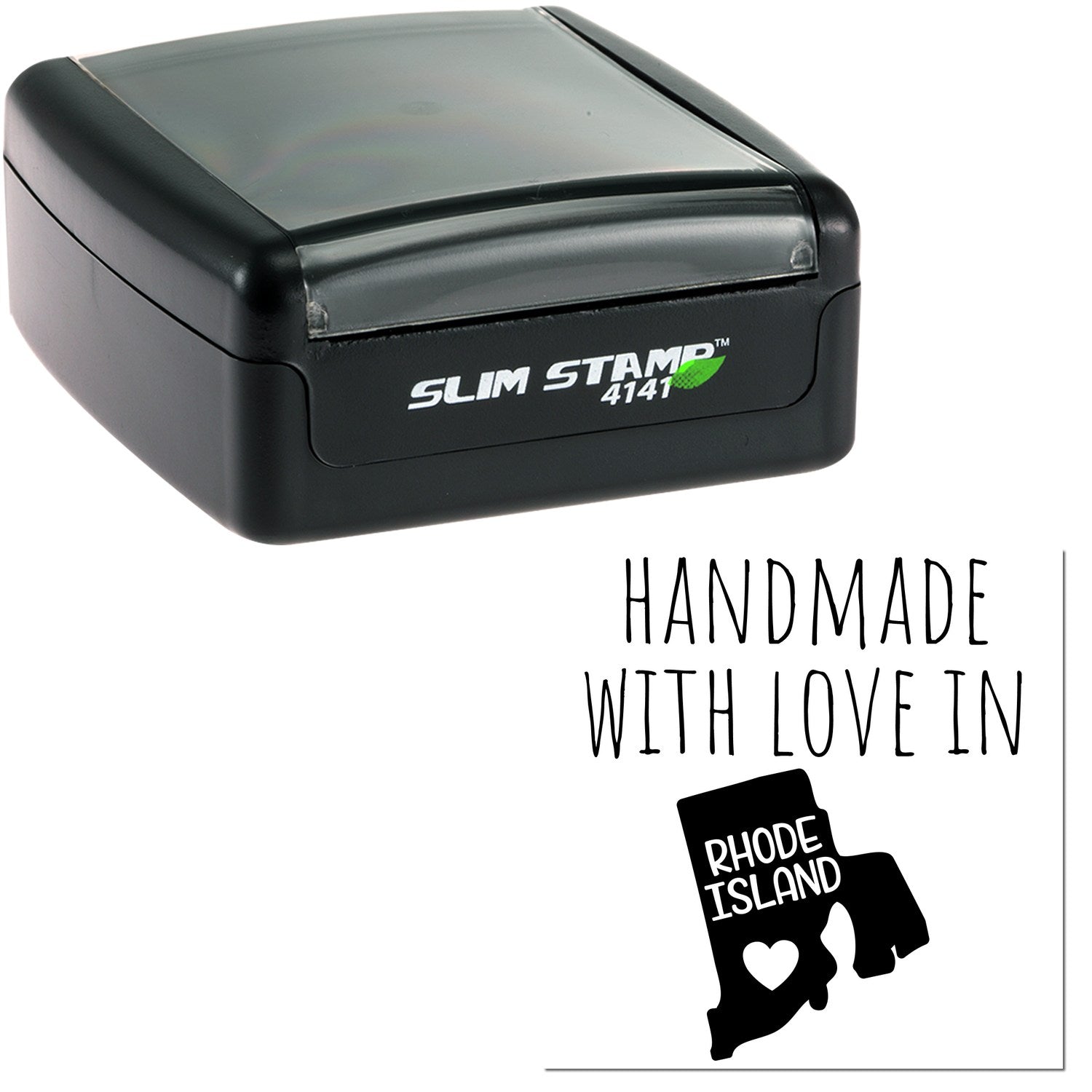 Handmade with Love in Rhode Island Slim Pre-Inked Stamp, featuring a sleek black design with SLIM STAMP 4141 text, perfect for crafting personalized impressions.