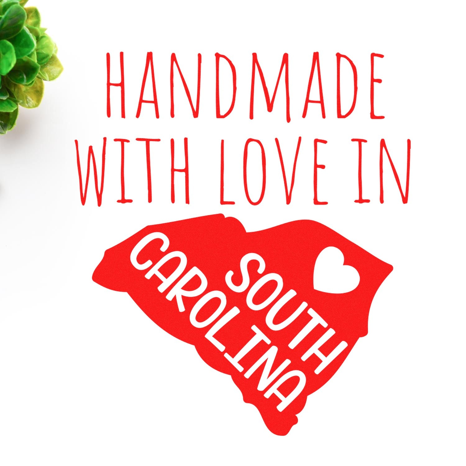 Wood Handle South Carolina Handmade with Love Rubber Stamp, featuring a red design of South Carolina with a heart, perfect for crafts and gifts.