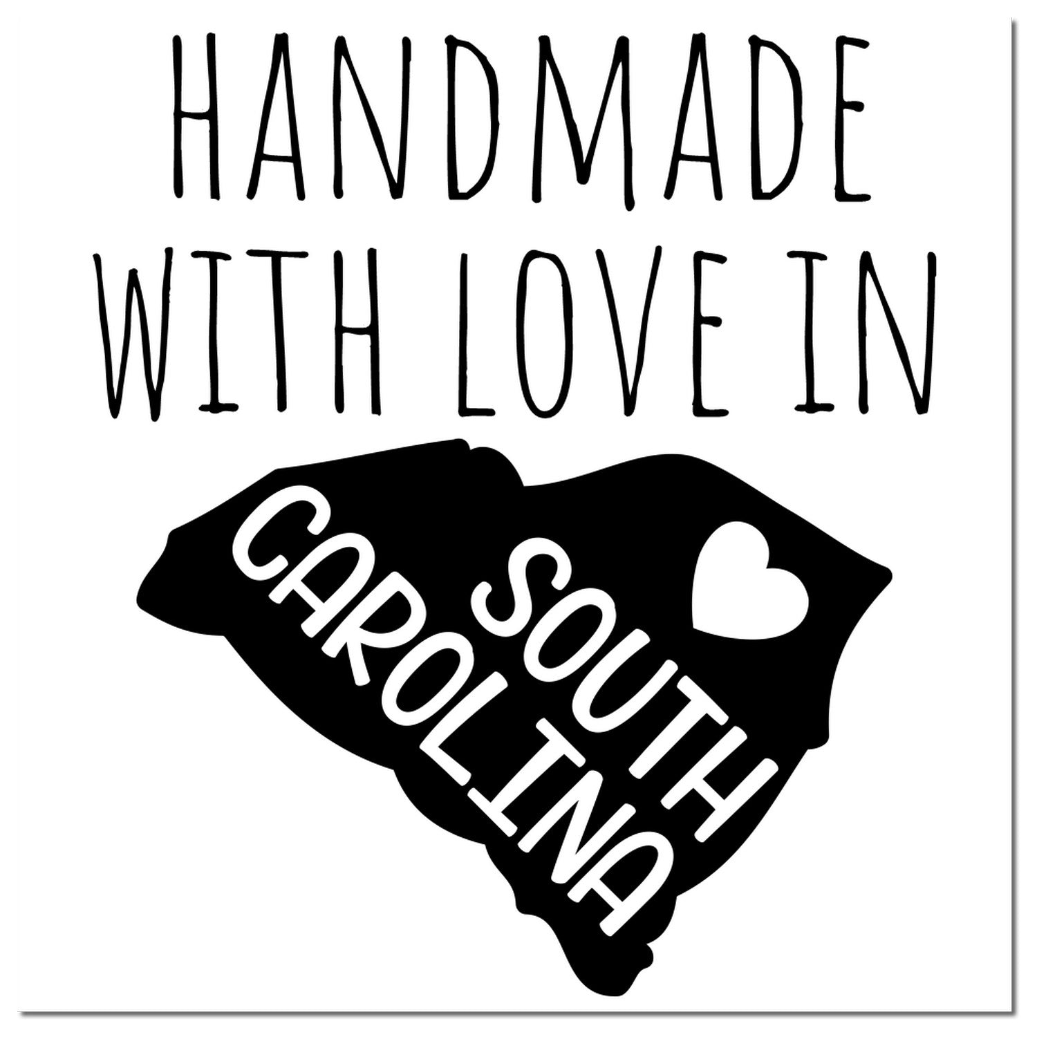 Self-Inking South Carolina Handmade with Love Stamp featuring a black silhouette of South Carolina with a heart, and the text Handmade with Love in South Carolina.