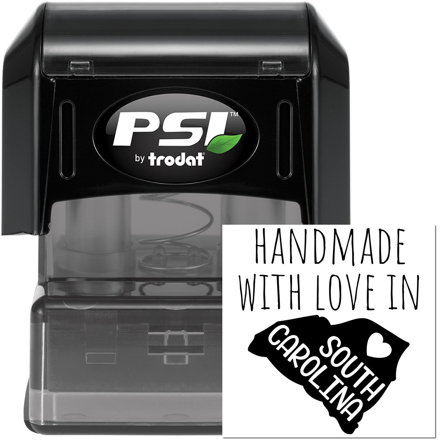 PSI Pre-Inked Handmade with Love in South Carolina stamp, featuring a black casing and a design with a heart and state outline. Perfect for personalized stamping needs.