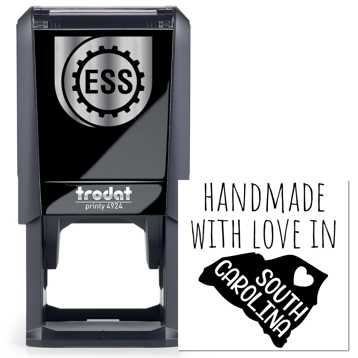 Self-Inking South Carolina Handmade with Love Stamp featuring a black casing and imprint of South Carolina with a heart. Perfect for adding a personal touch to crafts and gifts.