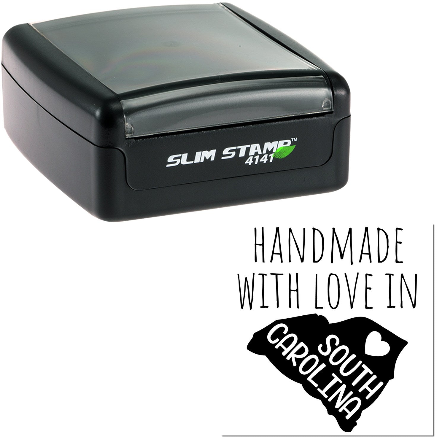 Handmade with Love in South Carolina Slim Pre-Inked Stamp, black casing, compact design, featuring Handmade with Love in South Carolina text and heart graphic. Perfect for personalized stamping.