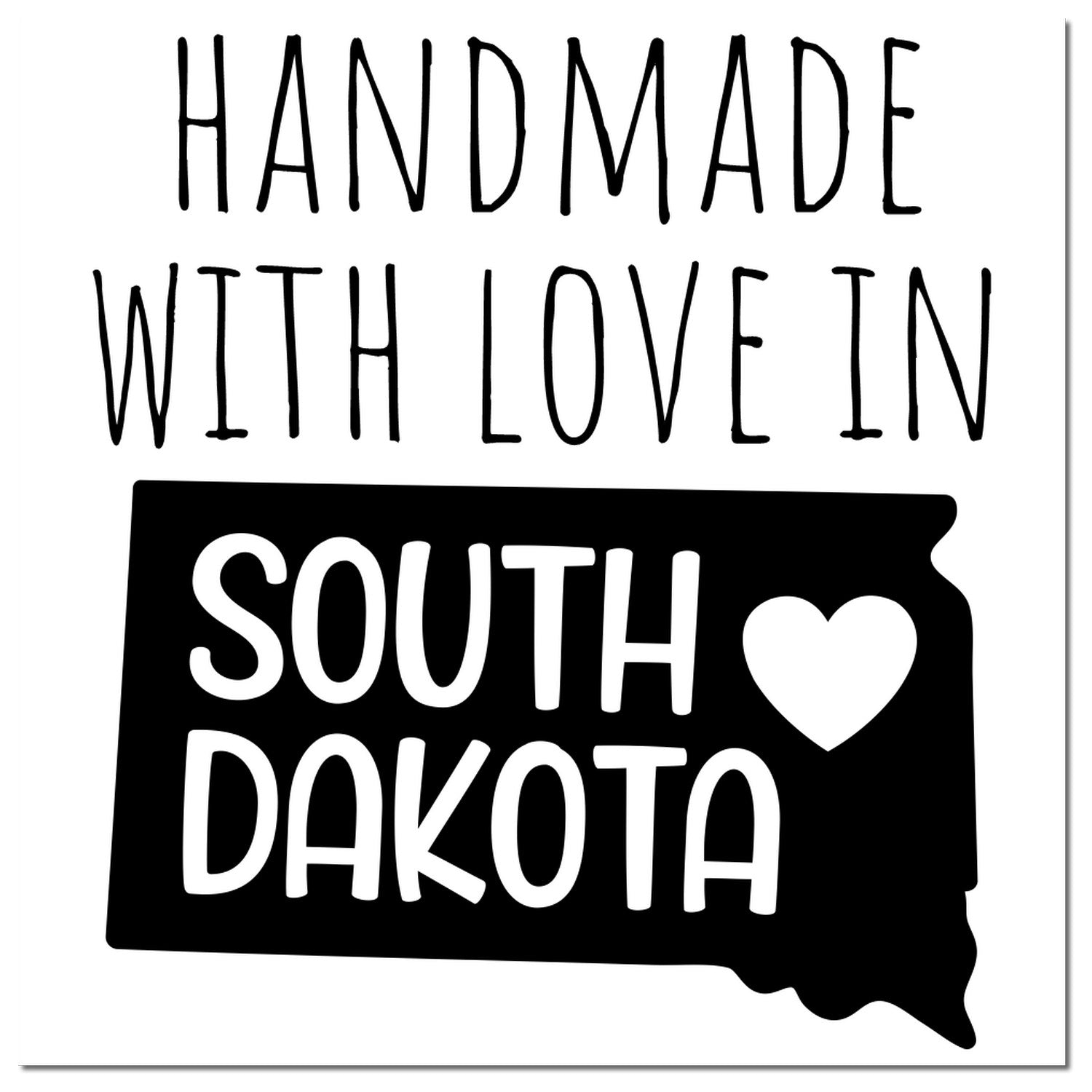 Self-Inking South Dakota Handmade with Love Stamp featuring bold text and a heart design within the state outline. Perfect for crafts and gifts.